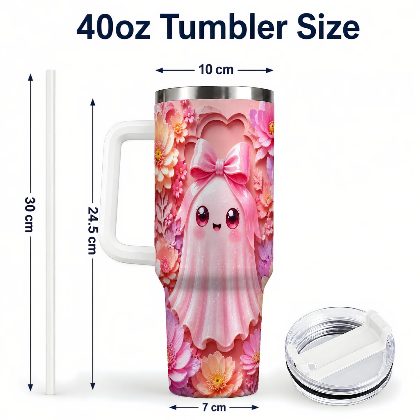 #pl[40oz|White] Pastel Ghost 40oz Tumbler, Floral Bow Kawaii Stainless Steel Travel Cup