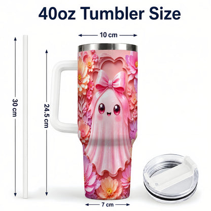 #pl[40oz|White] Pastel Ghost 40oz Tumbler, Floral Bow Kawaii Stainless Steel Travel Cup