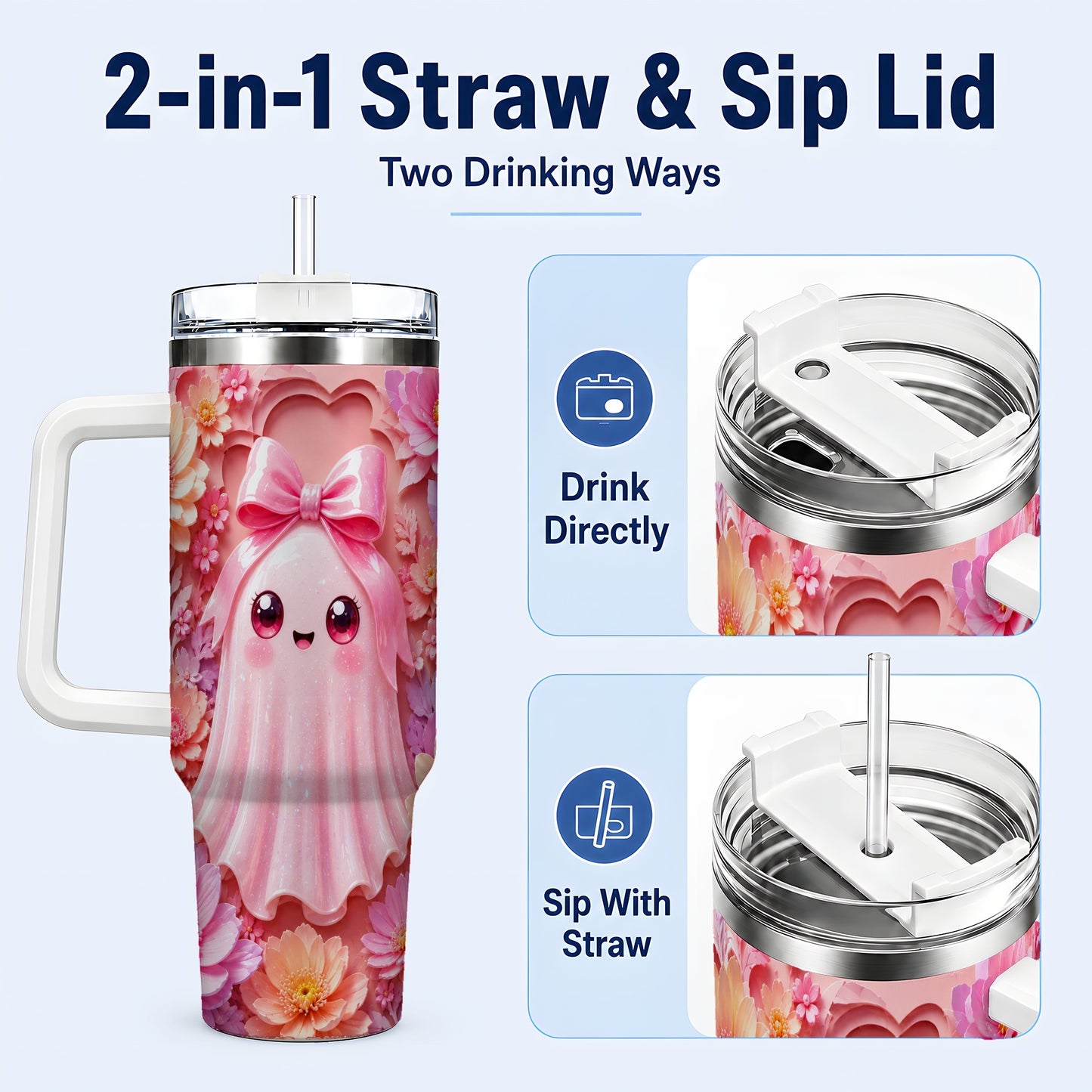 #pl[40oz|White] Pastel Ghost 40oz Tumbler, Floral Bow Kawaii Stainless Steel Travel Cup