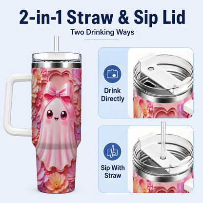 #pl[40oz|White] Pastel Ghost 40oz Tumbler, Floral Bow Kawaii Stainless Steel Travel Cup