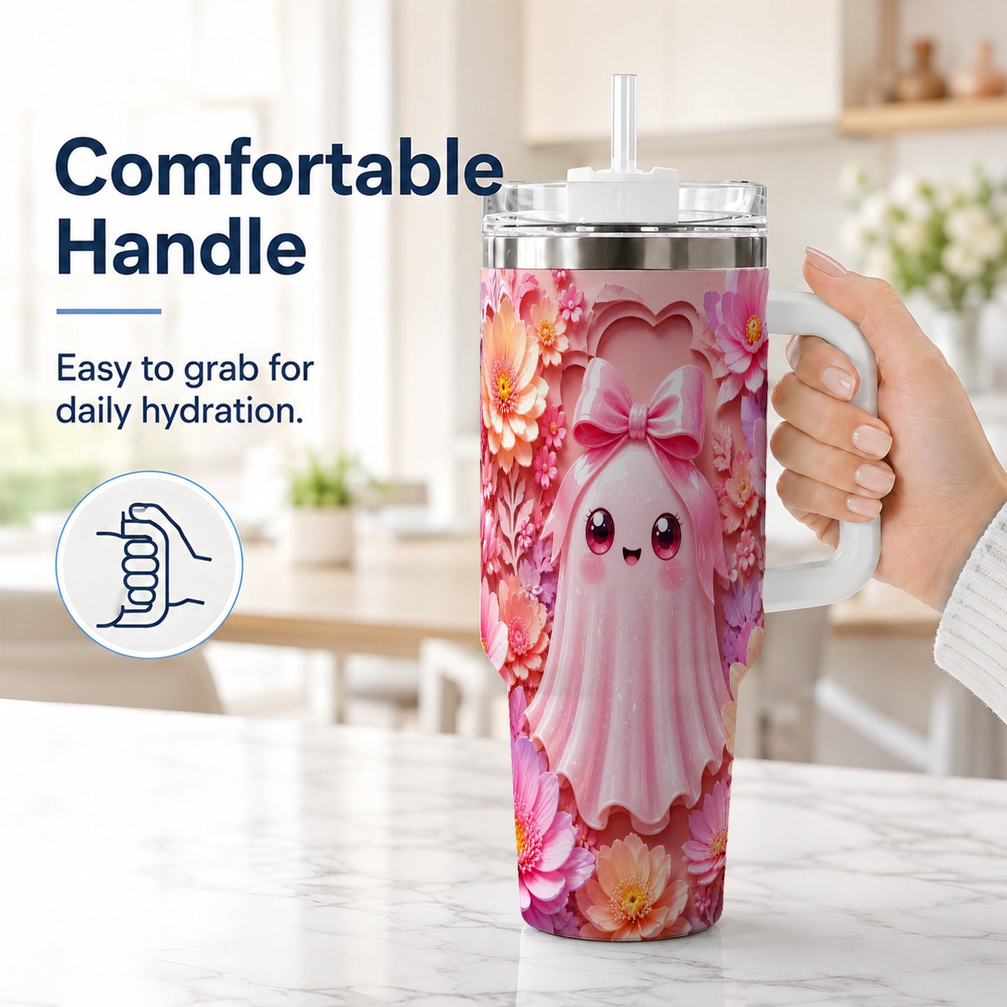 #pl[40oz|White] Pastel Ghost 40oz Tumbler, Floral Bow Kawaii Stainless Steel Travel Cup