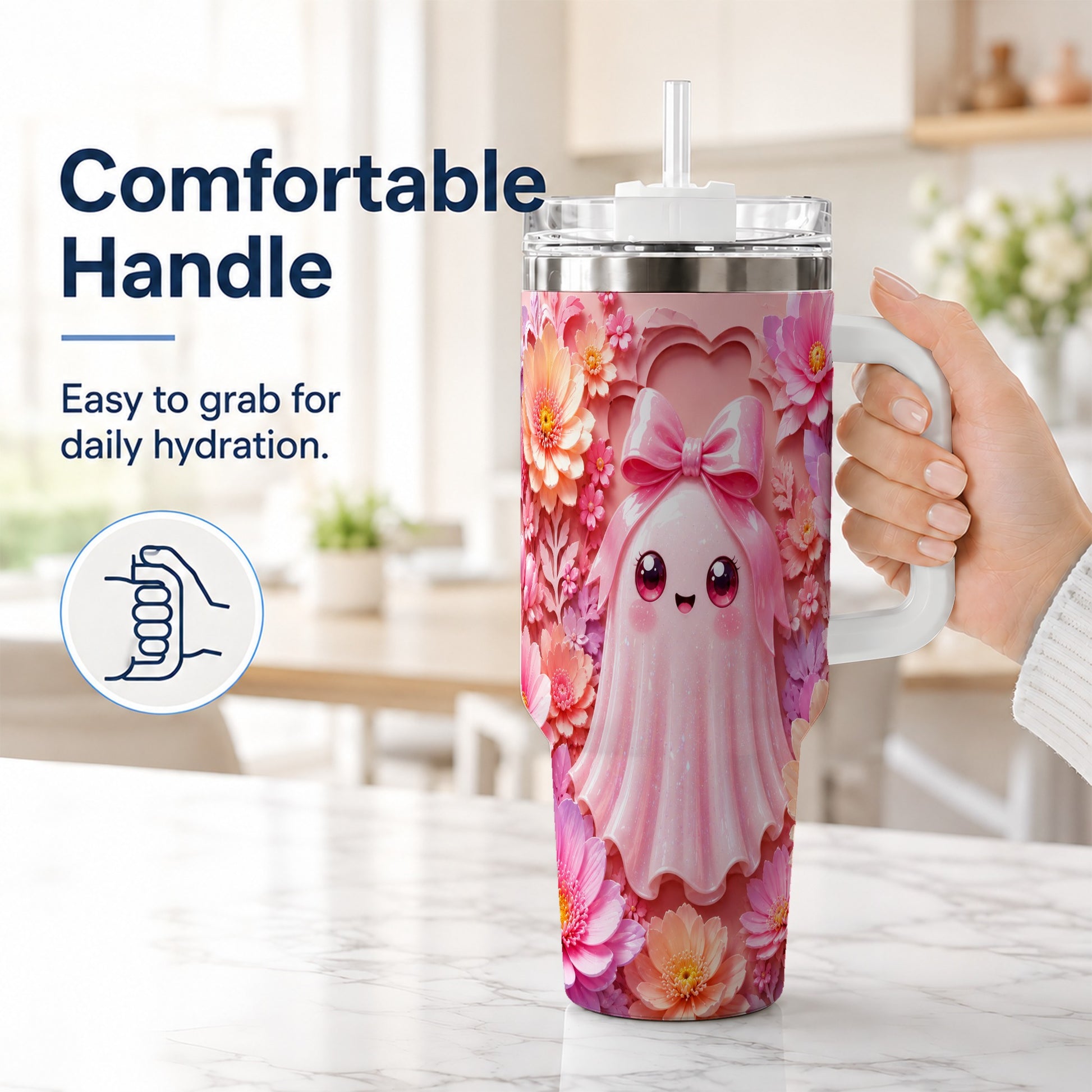 #pl[40oz|White] Pastel Ghost 40oz Tumbler, Floral Bow Kawaii Stainless Steel Travel Cup