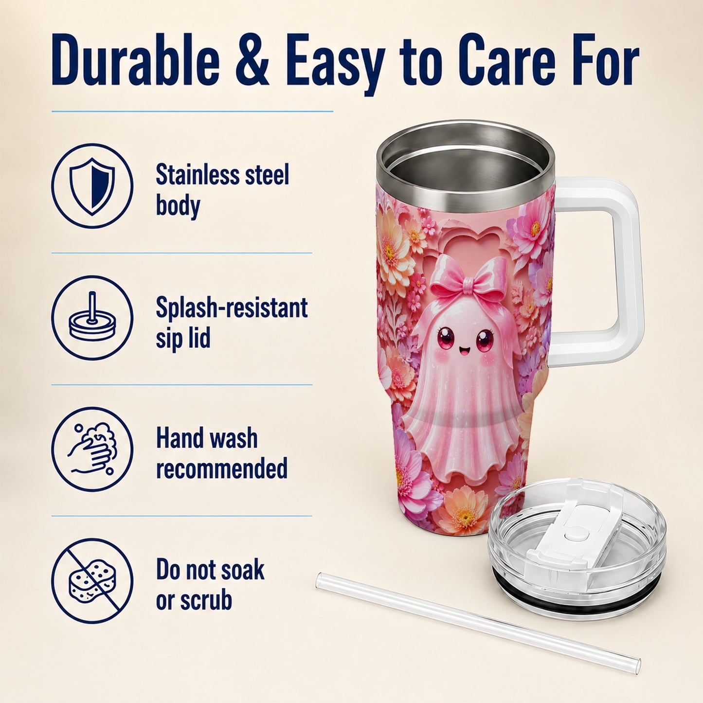 #pl[40oz|White] Pastel Ghost 40oz Tumbler, Floral Bow Kawaii Stainless Steel Travel Cup
