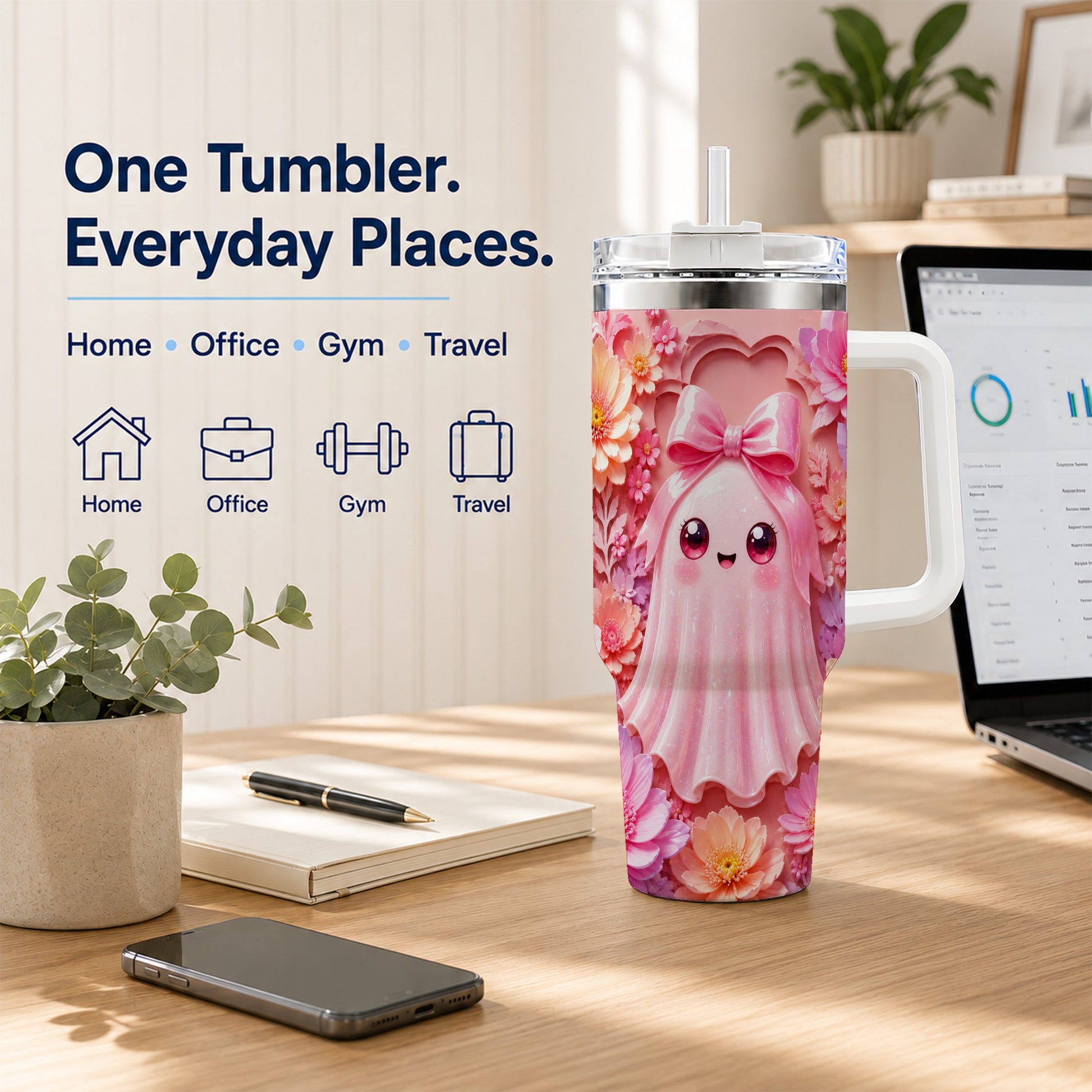 #pl[40oz|White] Pastel Ghost 40oz Tumbler, Floral Bow Kawaii Stainless Steel Travel Cup