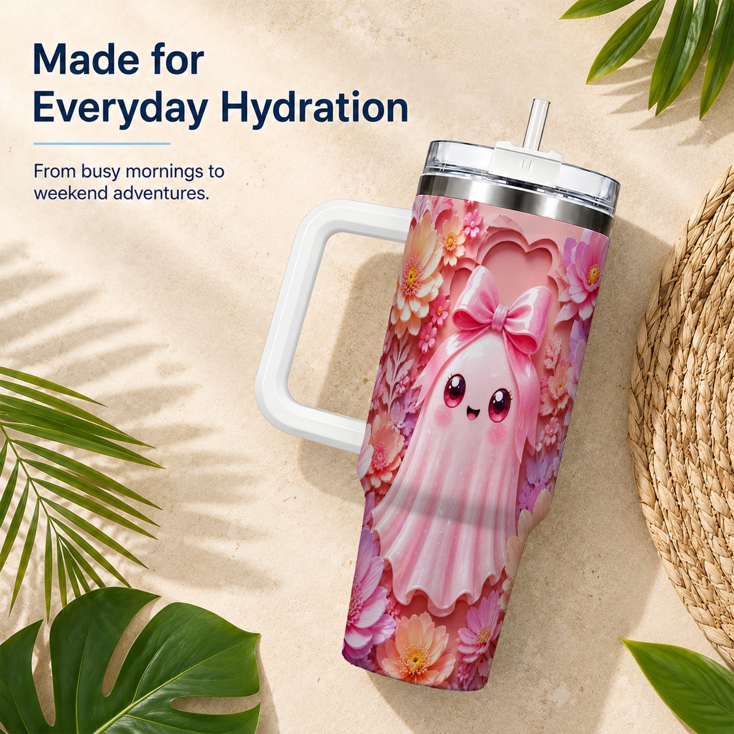 #pl[40oz|White] Pastel Ghost 40oz Tumbler, Floral Bow Kawaii Stainless Steel Travel Cup