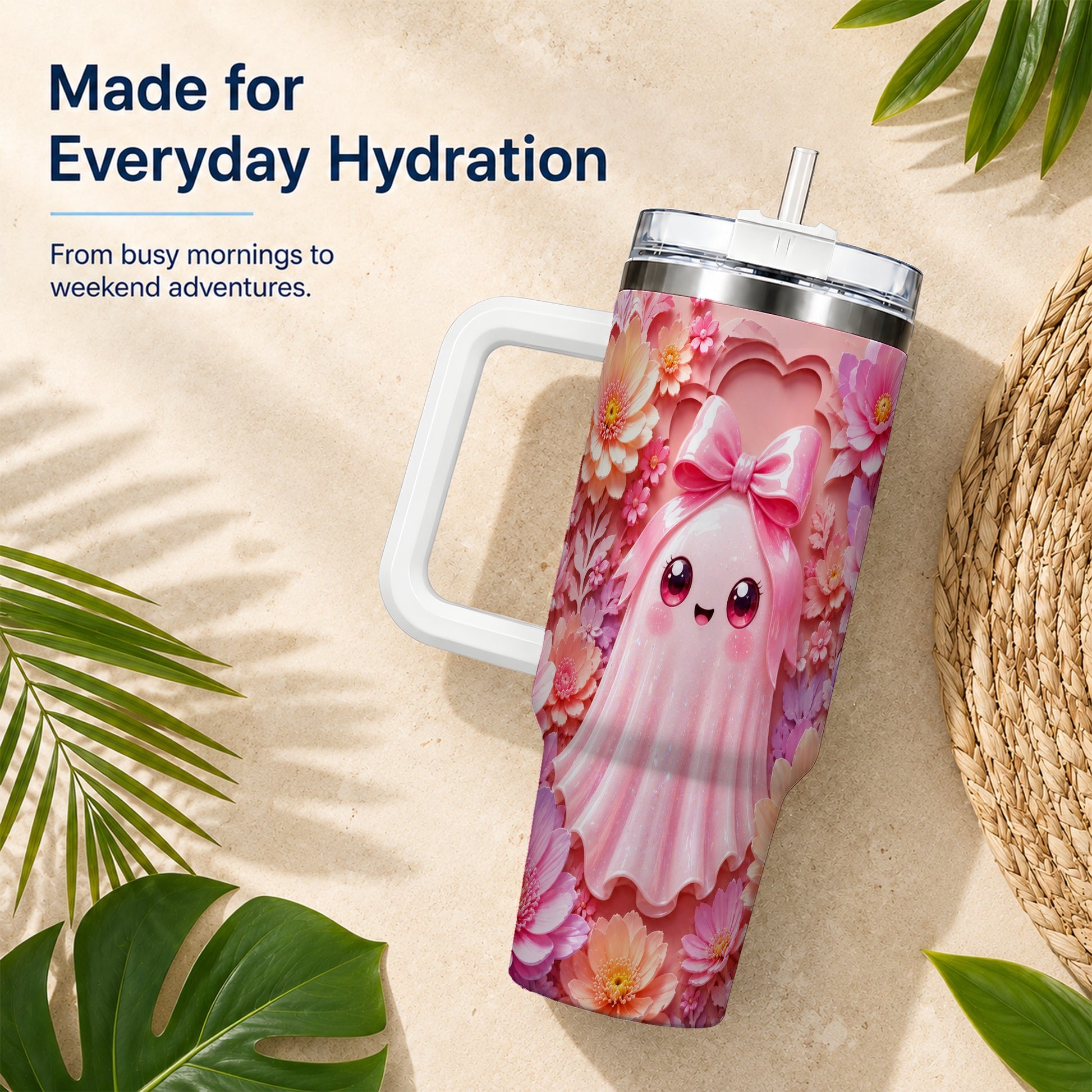 #pl[40oz|White] Pastel Ghost 40oz Tumbler, Floral Bow Kawaii Stainless Steel Travel Cup