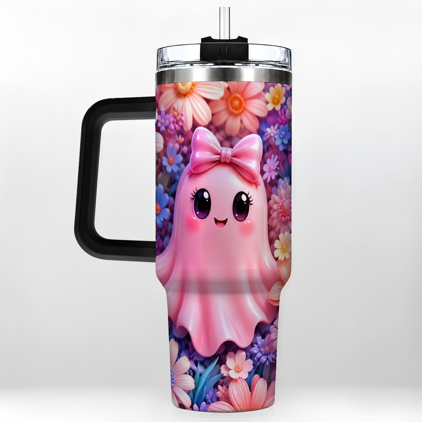 #pl[40oz|Black] Pink Ghost 40oz Tumbler, Daisy Bow Kawaii Stainless Steel Travel Cup