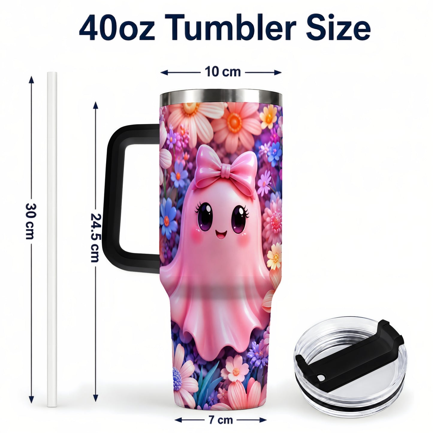 #pl[40oz|Black] Pink Ghost 40oz Tumbler, Daisy Bow Kawaii Stainless Steel Travel Cup