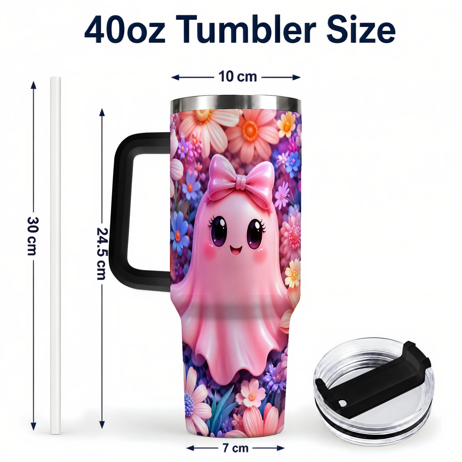 #pl[40oz|Black] Pink Ghost 40oz Tumbler, Daisy Bow Kawaii Stainless Steel Travel Cup