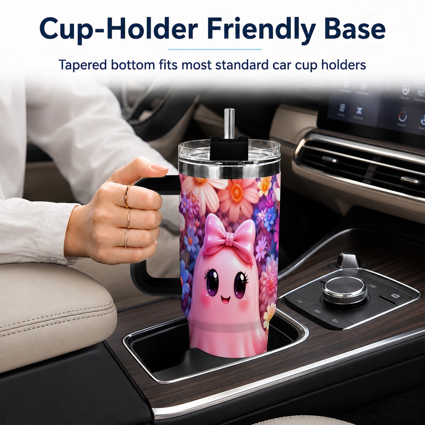 #pl[40oz|Black] Pink Ghost 40oz Tumbler, Daisy Bow Kawaii Stainless Steel Travel Cup