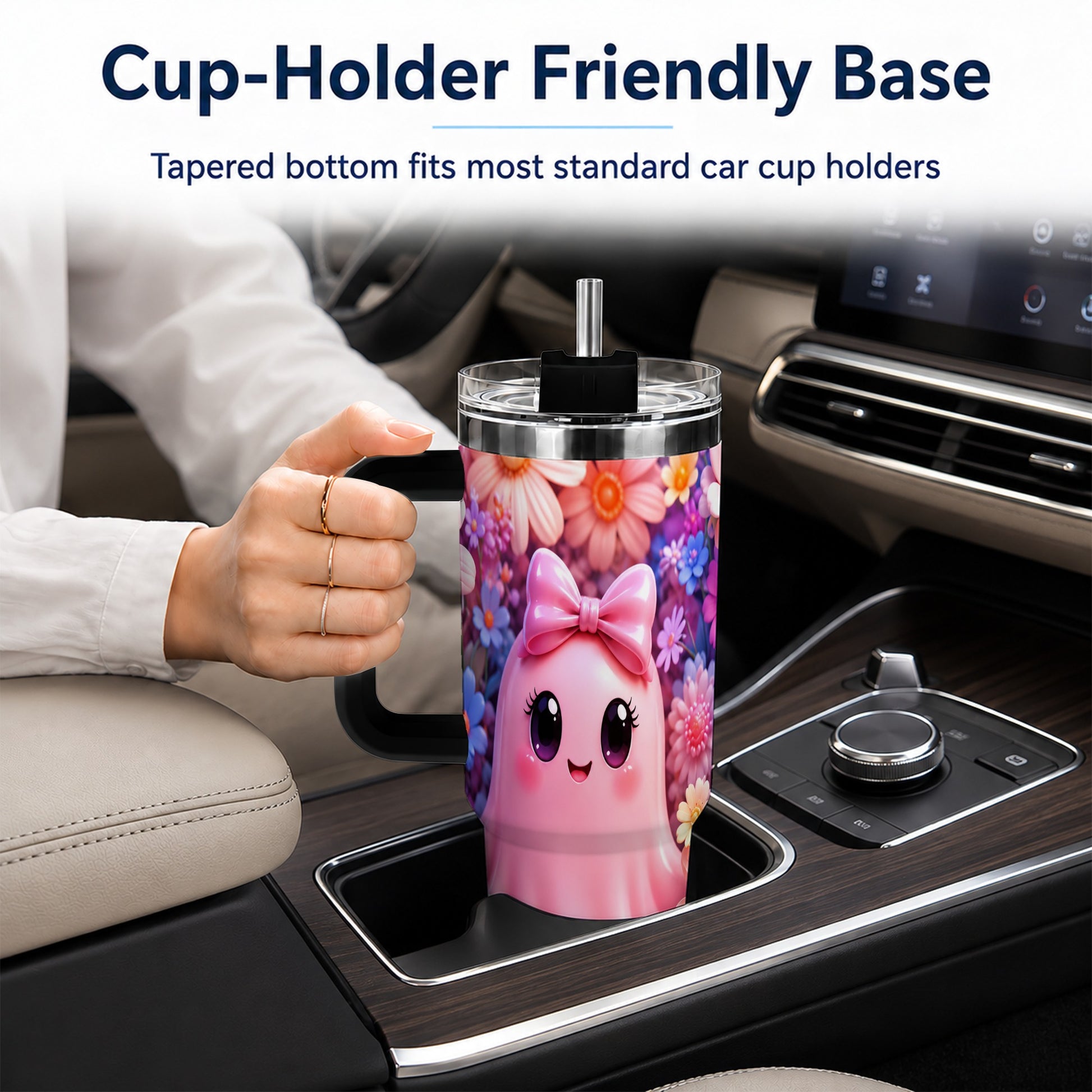 #pl[40oz|Black] Pink Ghost 40oz Tumbler, Daisy Bow Kawaii Stainless Steel Travel Cup
