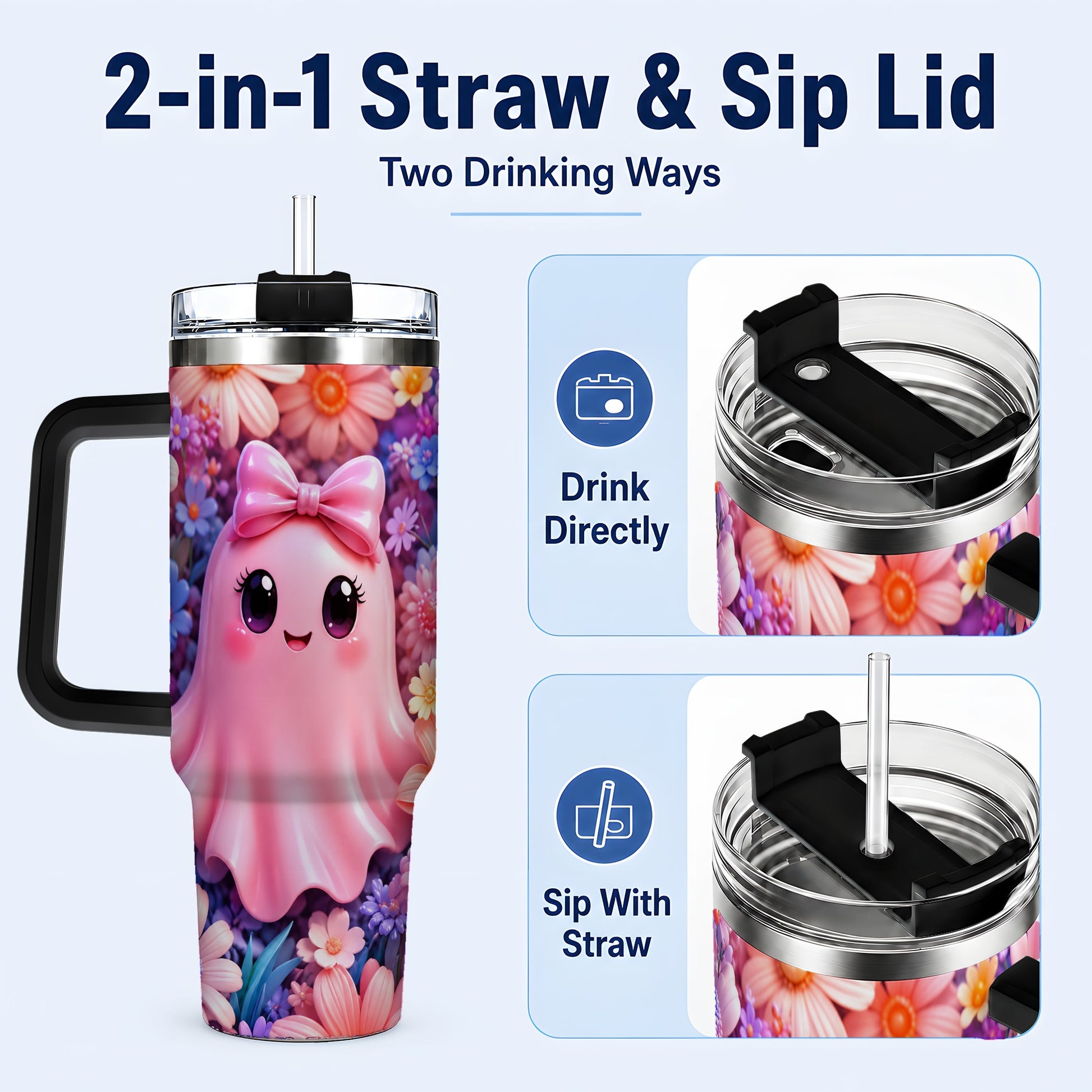 #pl[40oz|Black] Pink Ghost 40oz Tumbler, Daisy Bow Kawaii Stainless Steel Travel Cup
