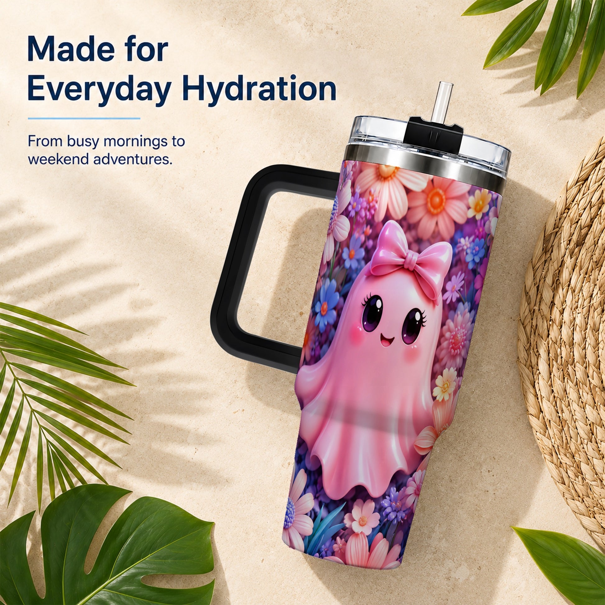 #pl[40oz|Black] Pink Ghost 40oz Tumbler, Daisy Bow Kawaii Stainless Steel Travel Cup