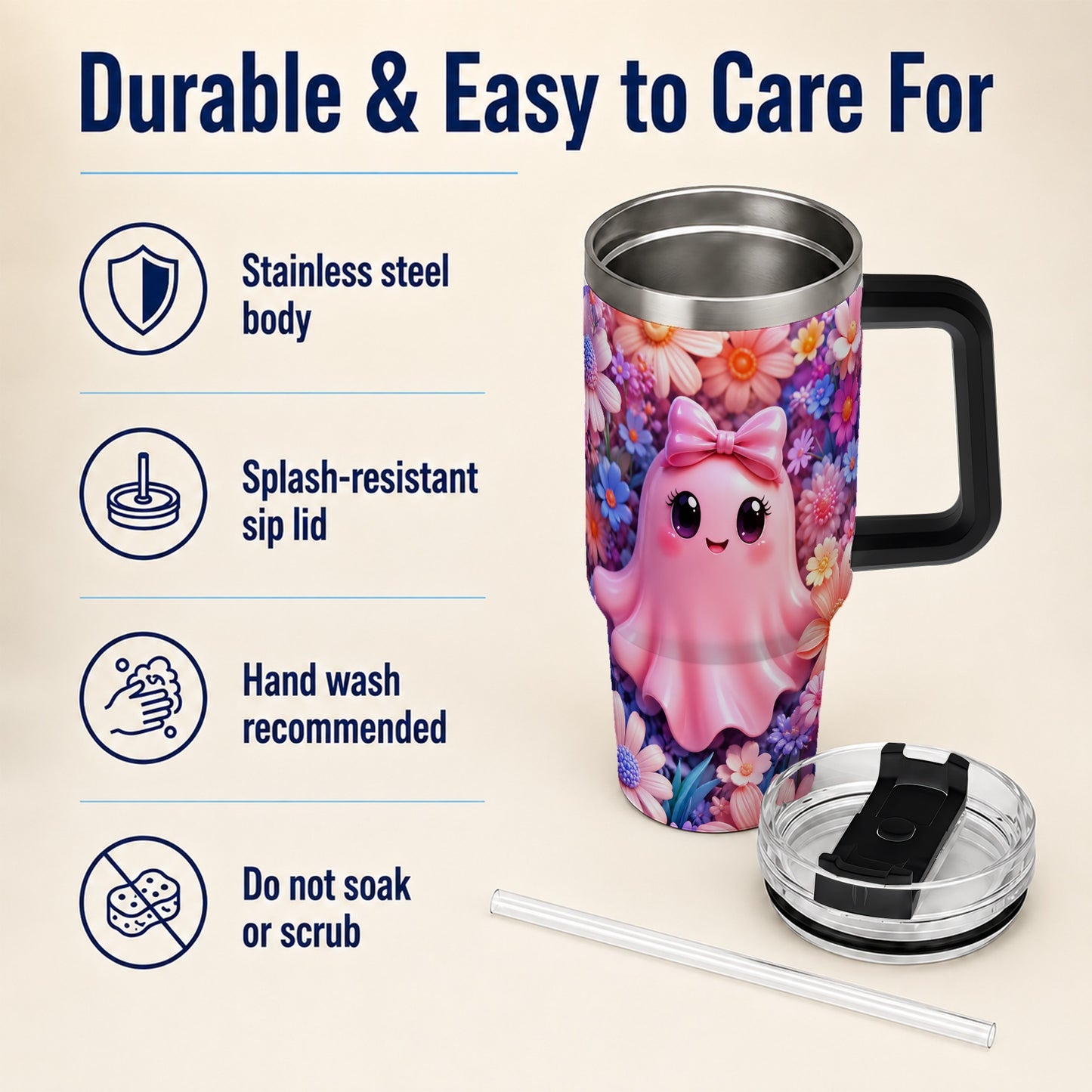 #pl[40oz|Black] Pink Ghost 40oz Tumbler, Daisy Bow Kawaii Stainless Steel Travel Cup