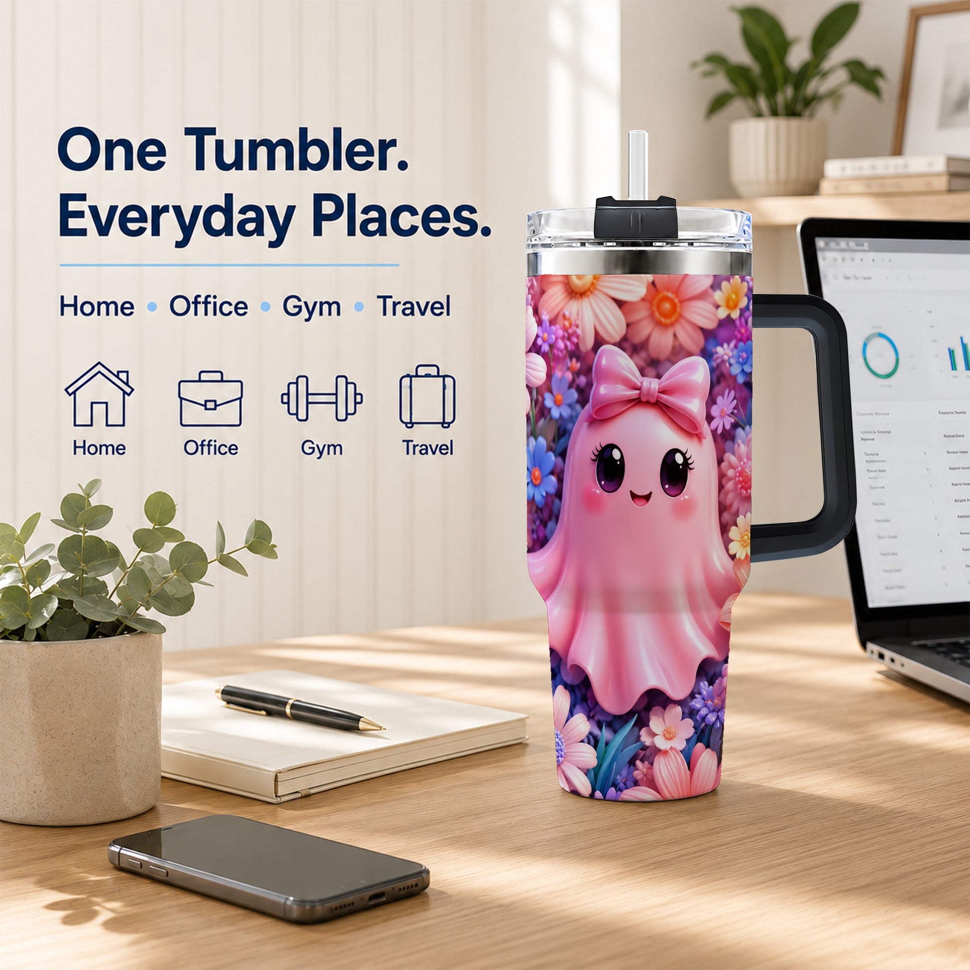 #pl[40oz|Black] Pink Ghost 40oz Tumbler, Daisy Bow Kawaii Stainless Steel Travel Cup