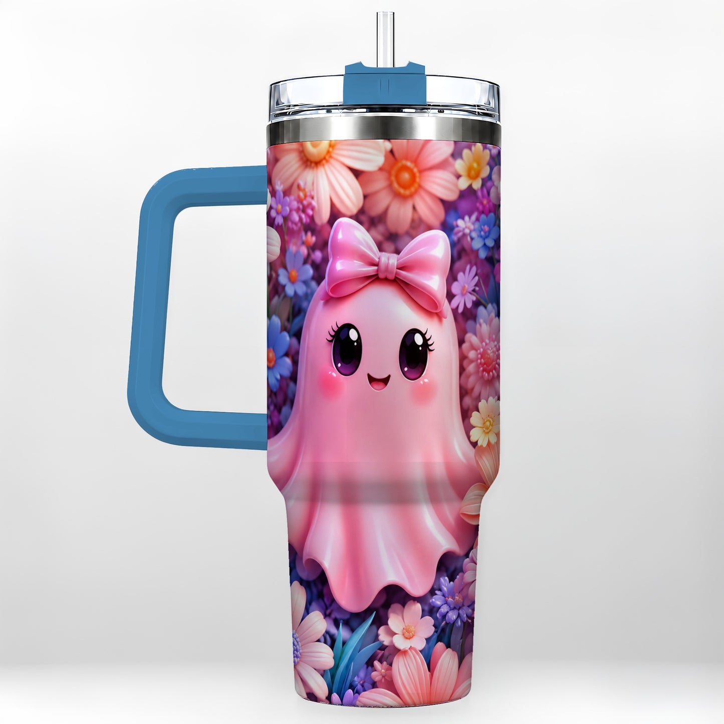 #pl[40oz|Blue] Pink Ghost 40oz Tumbler, Daisy Bow Kawaii Stainless Steel Travel Cup