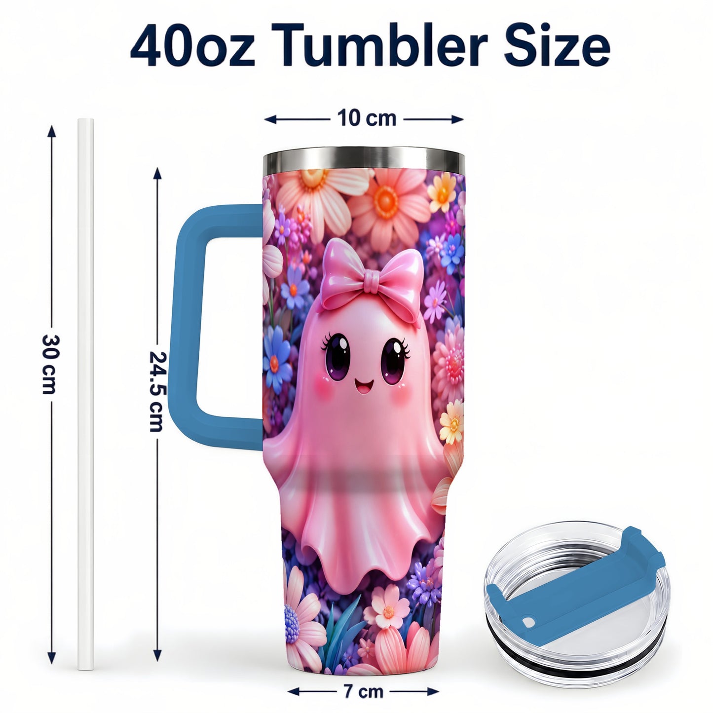 #pl[40oz|Blue] Pink Ghost 40oz Tumbler, Daisy Bow Kawaii Stainless Steel Travel Cup