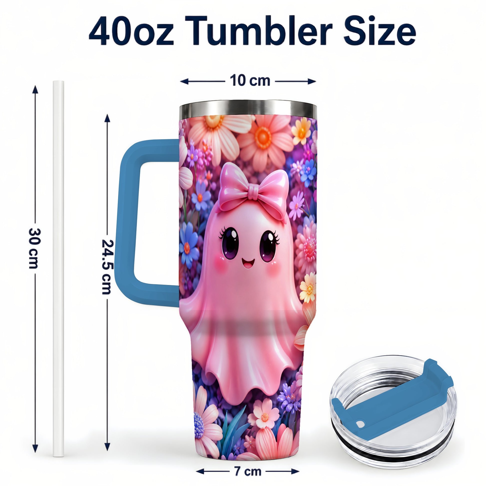 #pl[40oz|Blue] Pink Ghost 40oz Tumbler, Daisy Bow Kawaii Stainless Steel Travel Cup