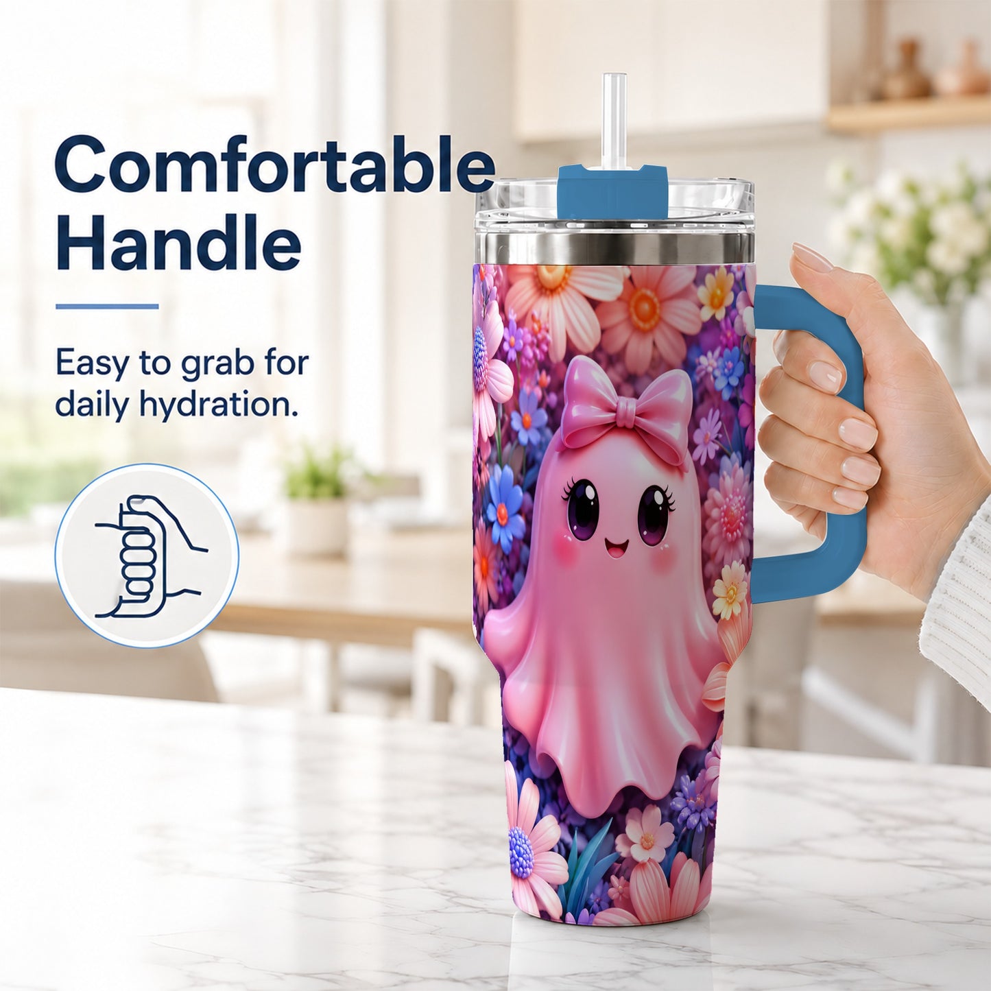 #pl[40oz|Blue] Pink Ghost 40oz Tumbler, Daisy Bow Kawaii Stainless Steel Travel Cup