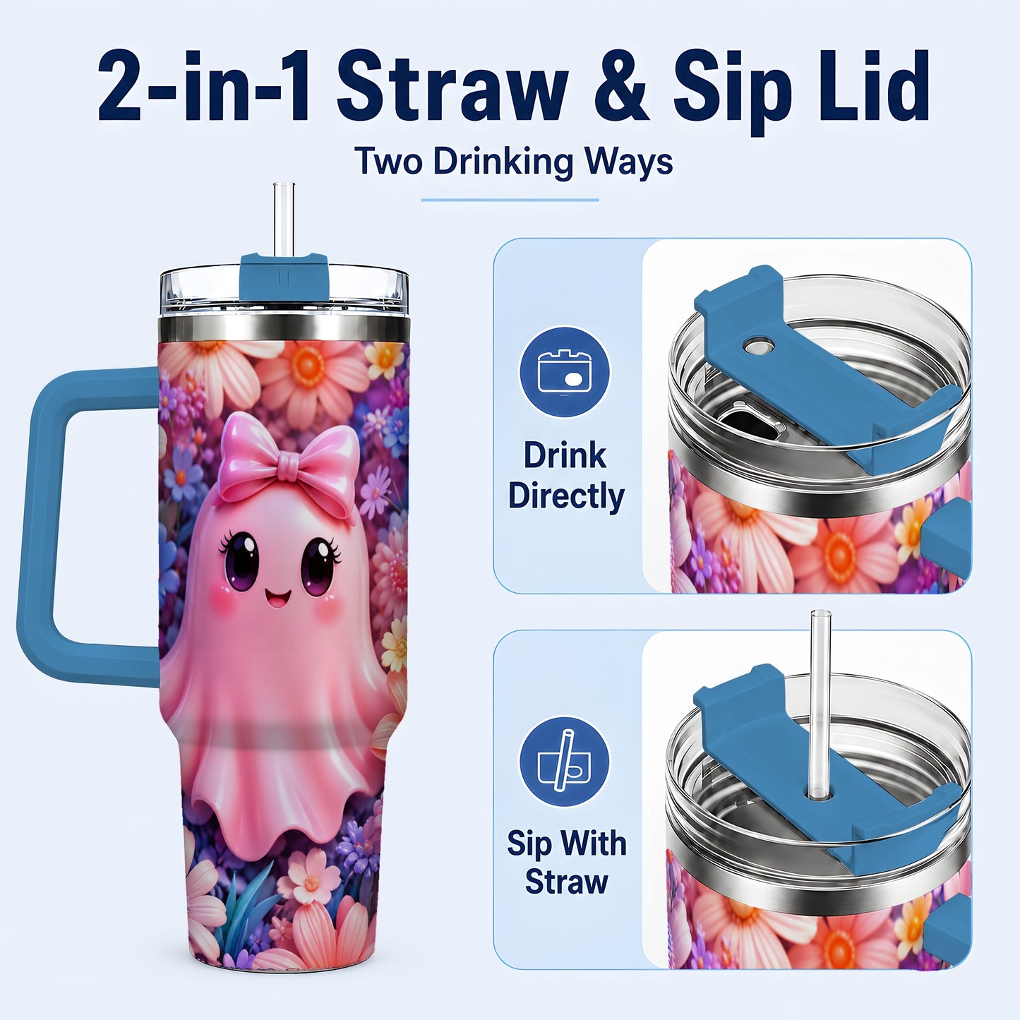 #pl[40oz|Blue] Pink Ghost 40oz Tumbler, Daisy Bow Kawaii Stainless Steel Travel Cup