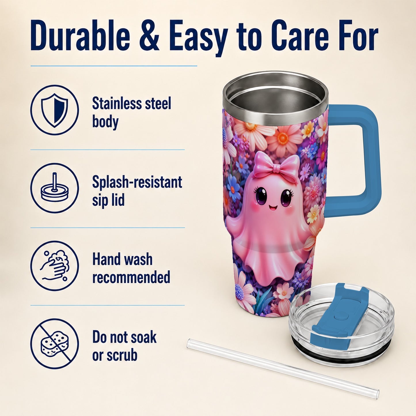 #pl[40oz|Blue] Pink Ghost 40oz Tumbler, Daisy Bow Kawaii Stainless Steel Travel Cup