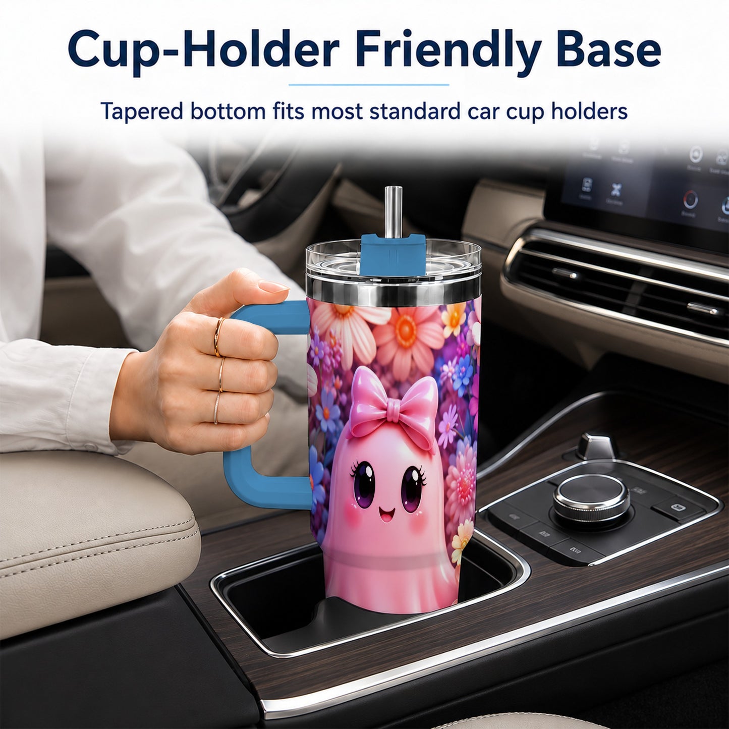 #pl[40oz|Blue] Pink Ghost 40oz Tumbler, Daisy Bow Kawaii Stainless Steel Travel Cup