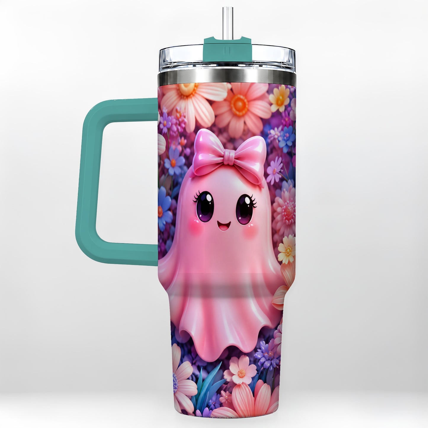 #pl[40oz|Green] Pink Ghost 40oz Tumbler, Daisy Bow Kawaii Stainless Steel Travel Cup