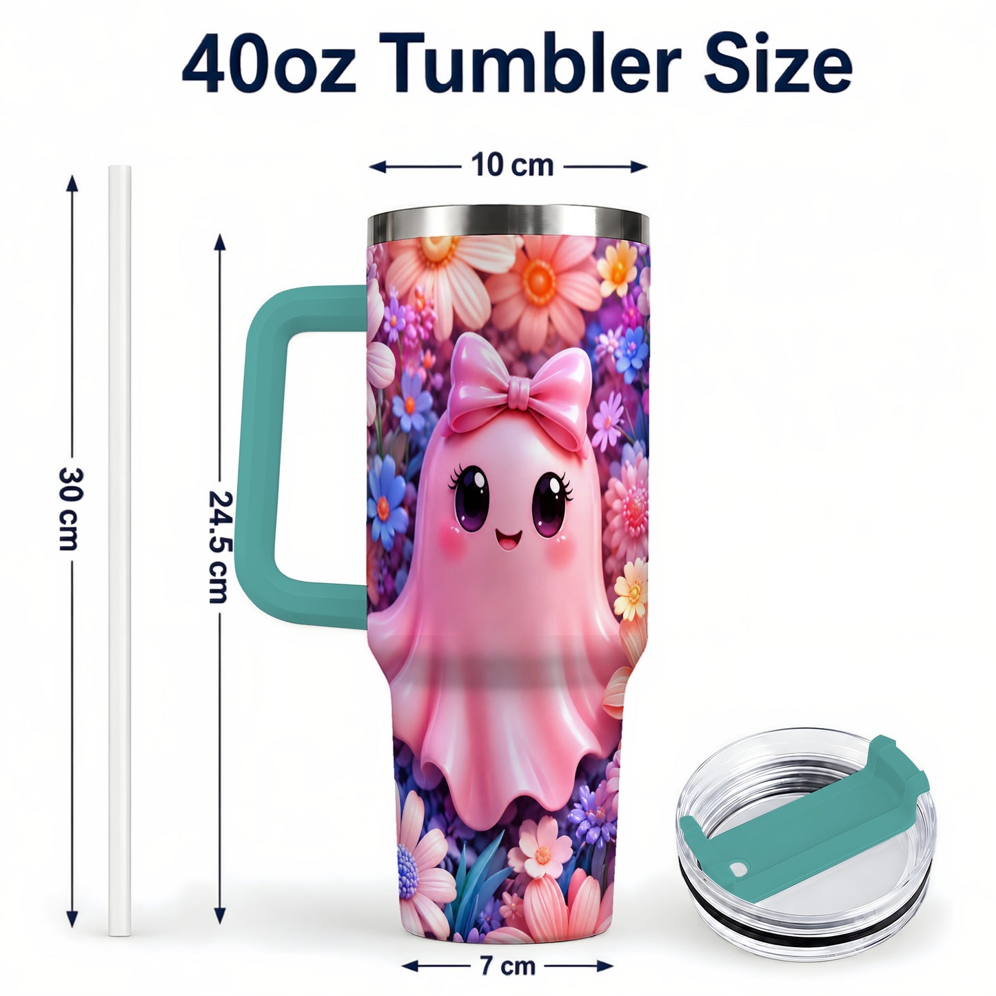 #pl[40oz|Green] Pink Ghost 40oz Tumbler, Daisy Bow Kawaii Stainless Steel Travel Cup