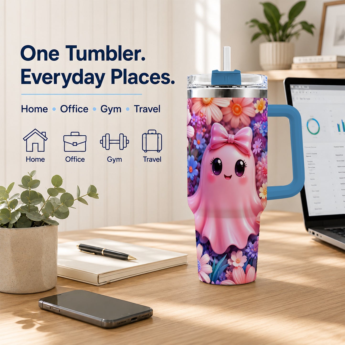 #pl[40oz|Blue] Pink Ghost 40oz Tumbler, Daisy Bow Kawaii Stainless Steel Travel Cup