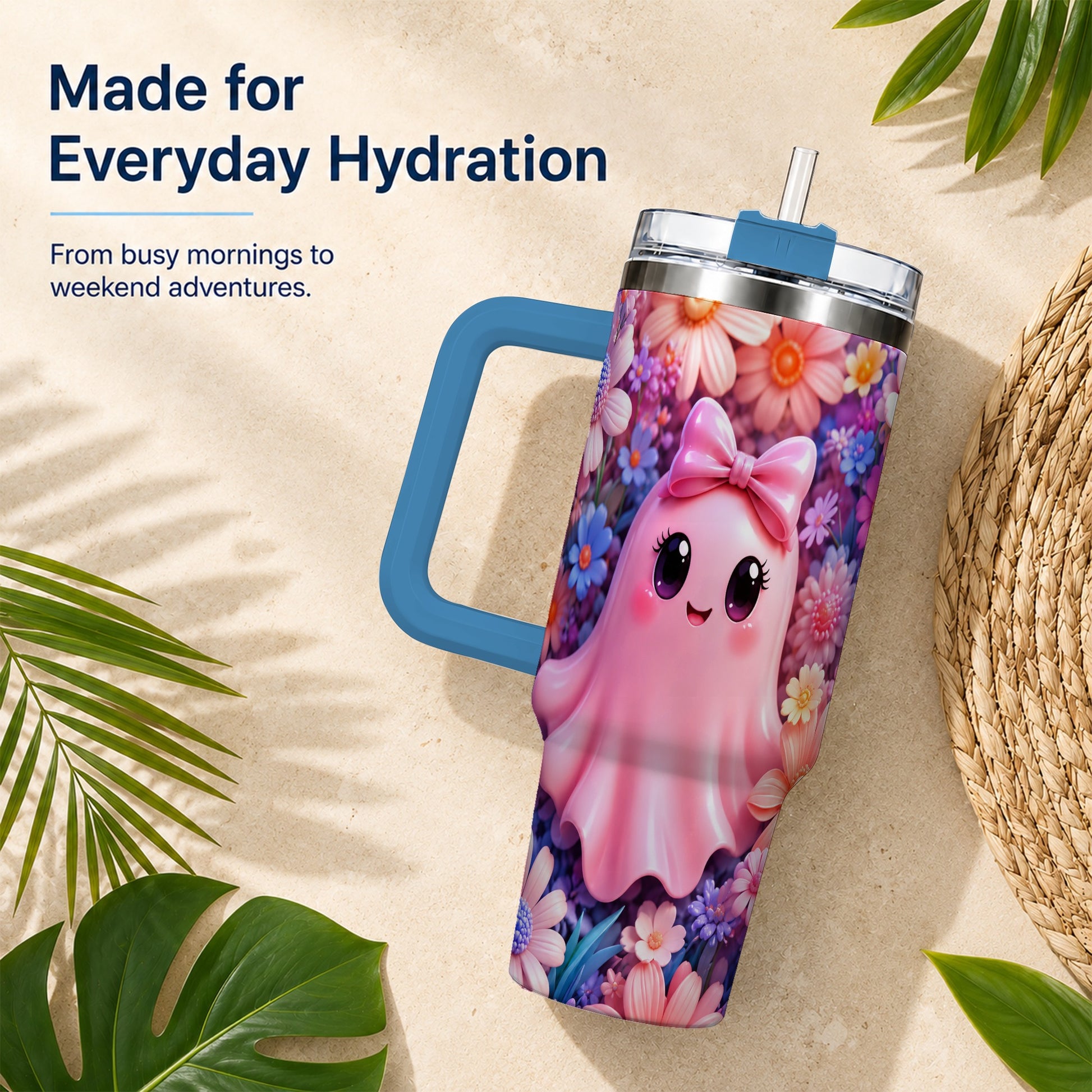 #pl[40oz|Blue] Pink Ghost 40oz Tumbler, Daisy Bow Kawaii Stainless Steel Travel Cup