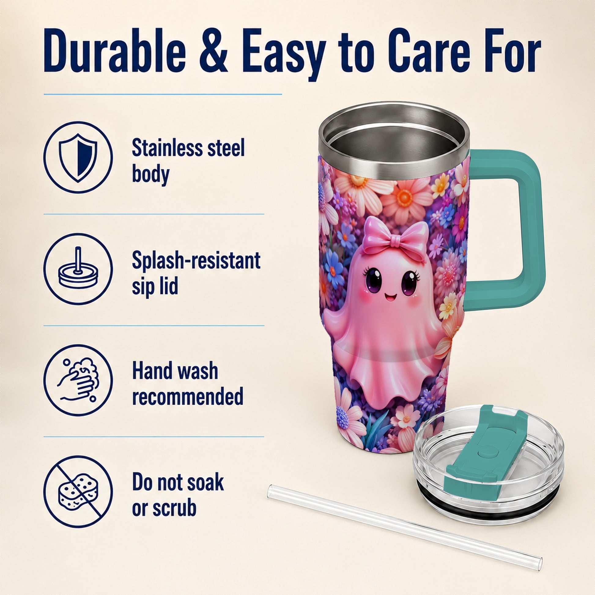 #pl[40oz|Green] Pink Ghost 40oz Tumbler, Daisy Bow Kawaii Stainless Steel Travel Cup