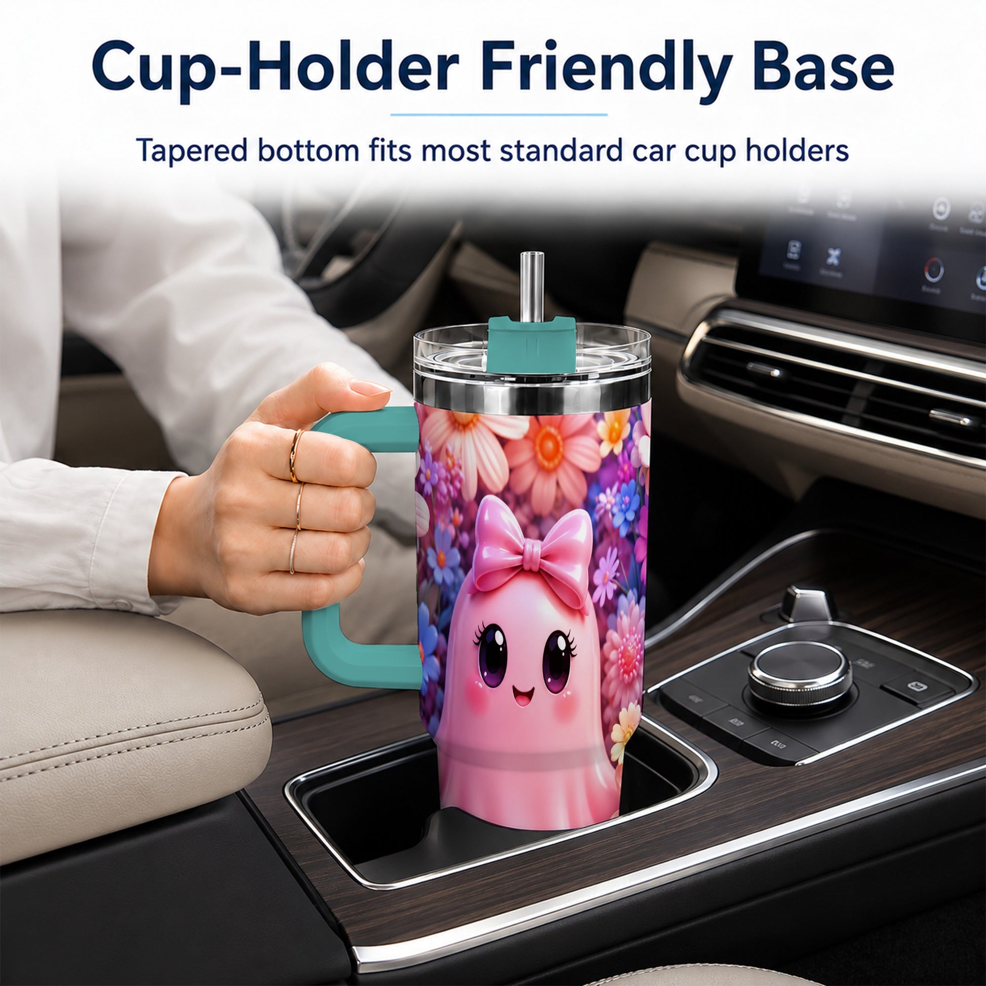 #pl[40oz|Green] Pink Ghost 40oz Tumbler, Daisy Bow Kawaii Stainless Steel Travel Cup