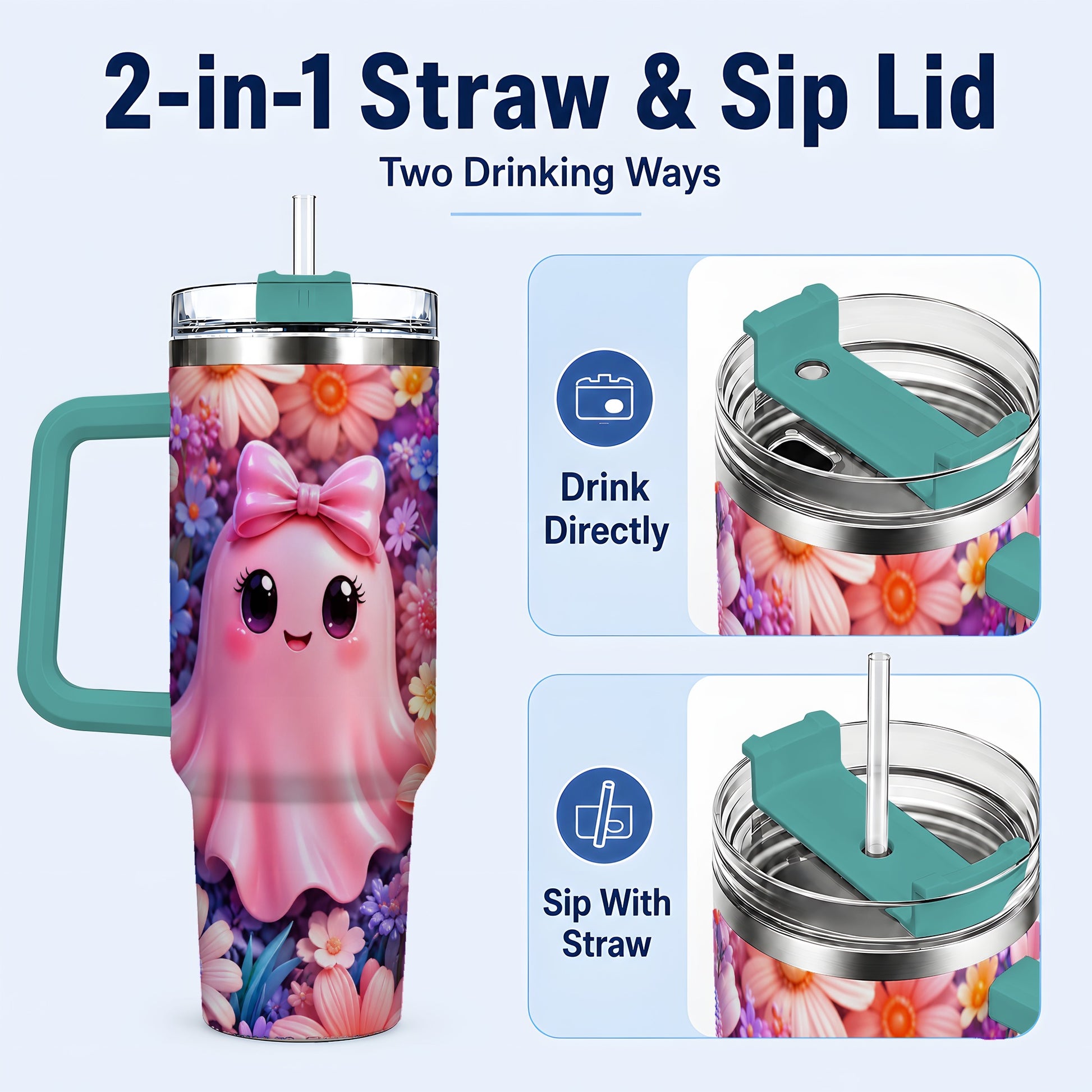 #pl[40oz|Green] Pink Ghost 40oz Tumbler, Daisy Bow Kawaii Stainless Steel Travel Cup