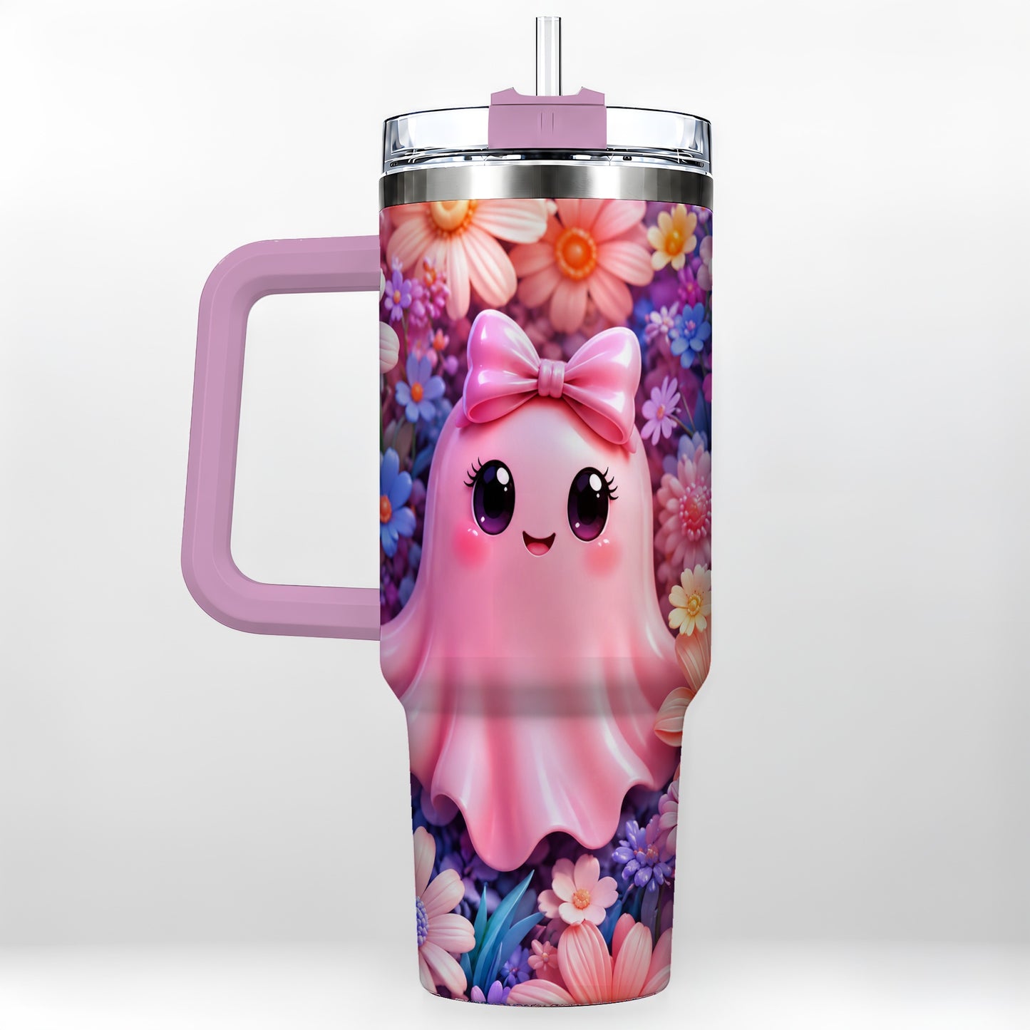 #pl[40oz|Pink] Pink Ghost 40oz Tumbler, Daisy Bow Kawaii Stainless Steel Travel Cup