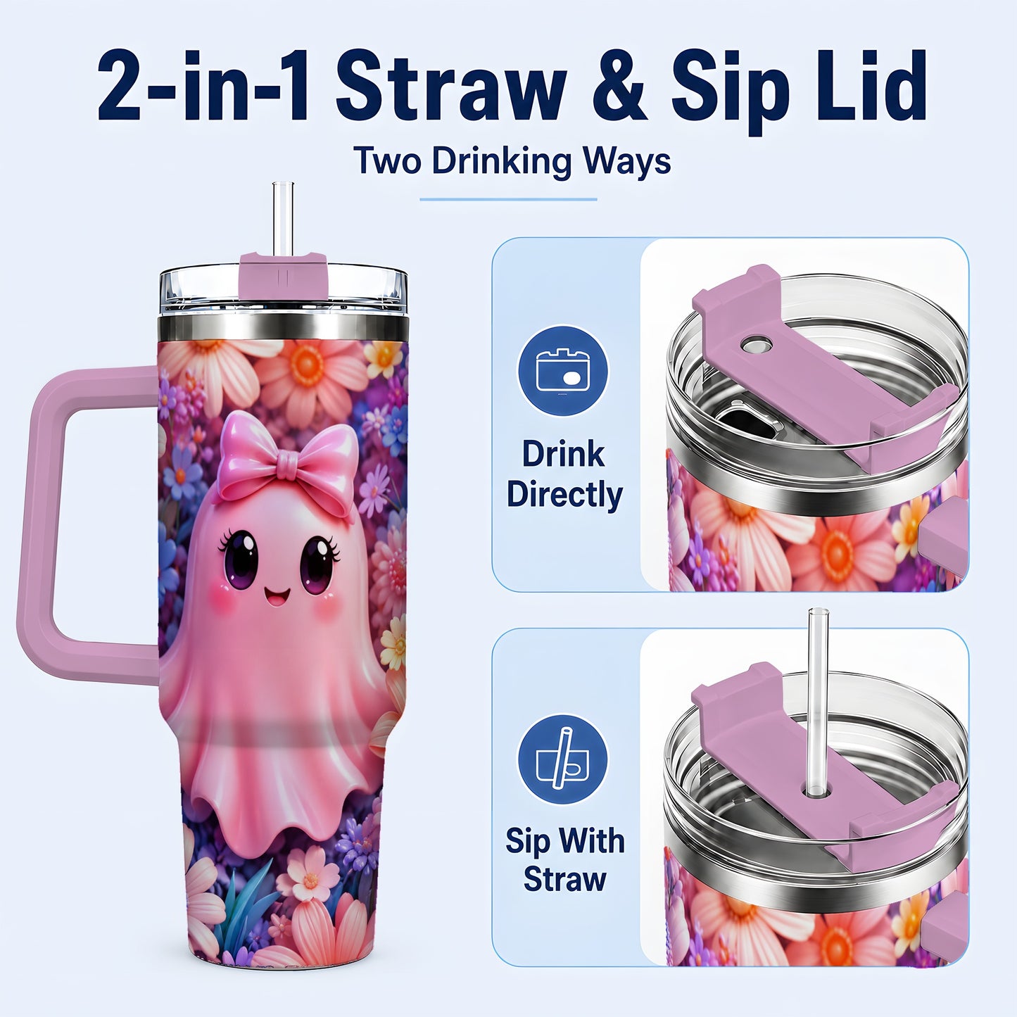 #pl[40oz|Pink] Pink Ghost 40oz Tumbler, Daisy Bow Kawaii Stainless Steel Travel Cup