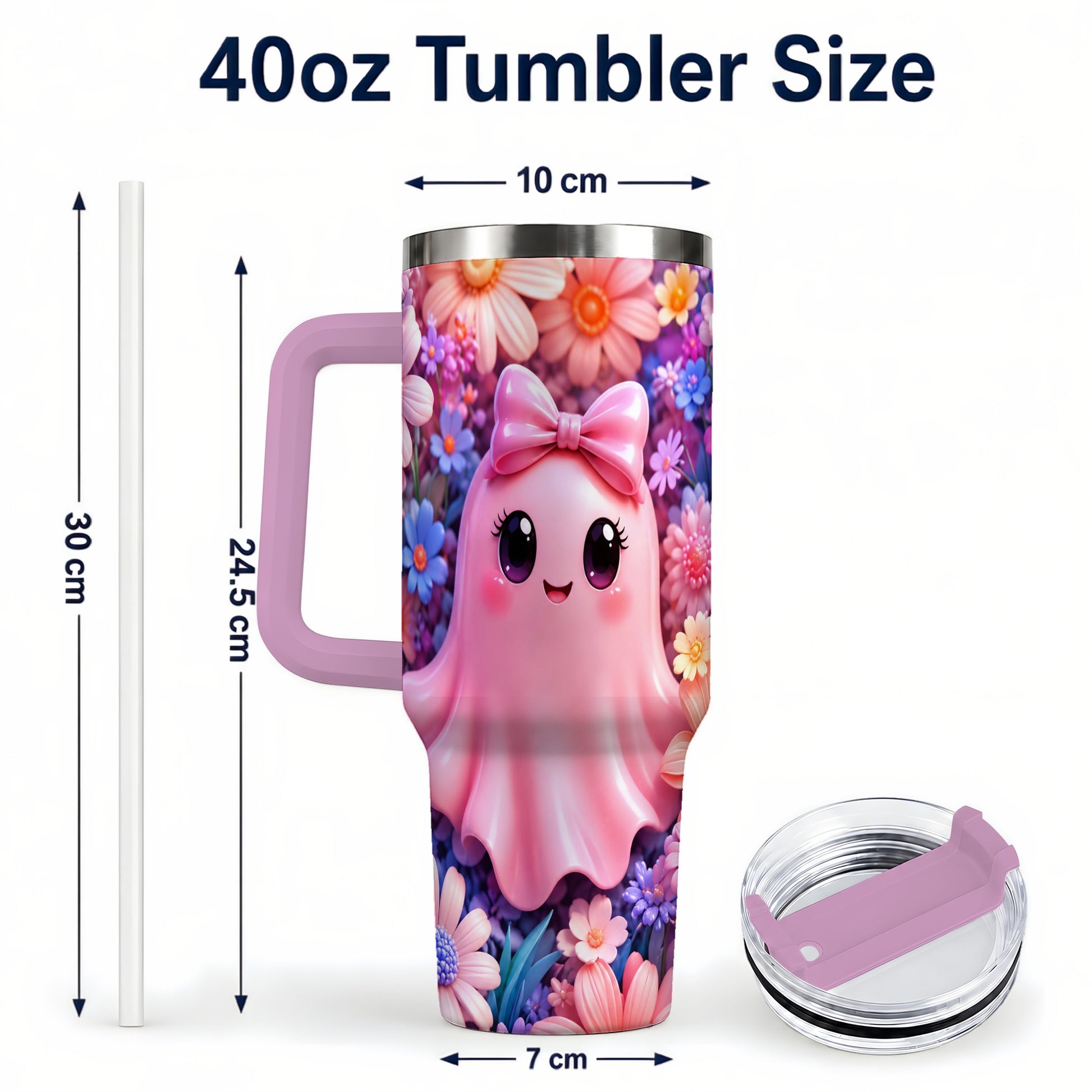 #pl[40oz|Pink] Pink Ghost 40oz Tumbler, Daisy Bow Kawaii Stainless Steel Travel Cup