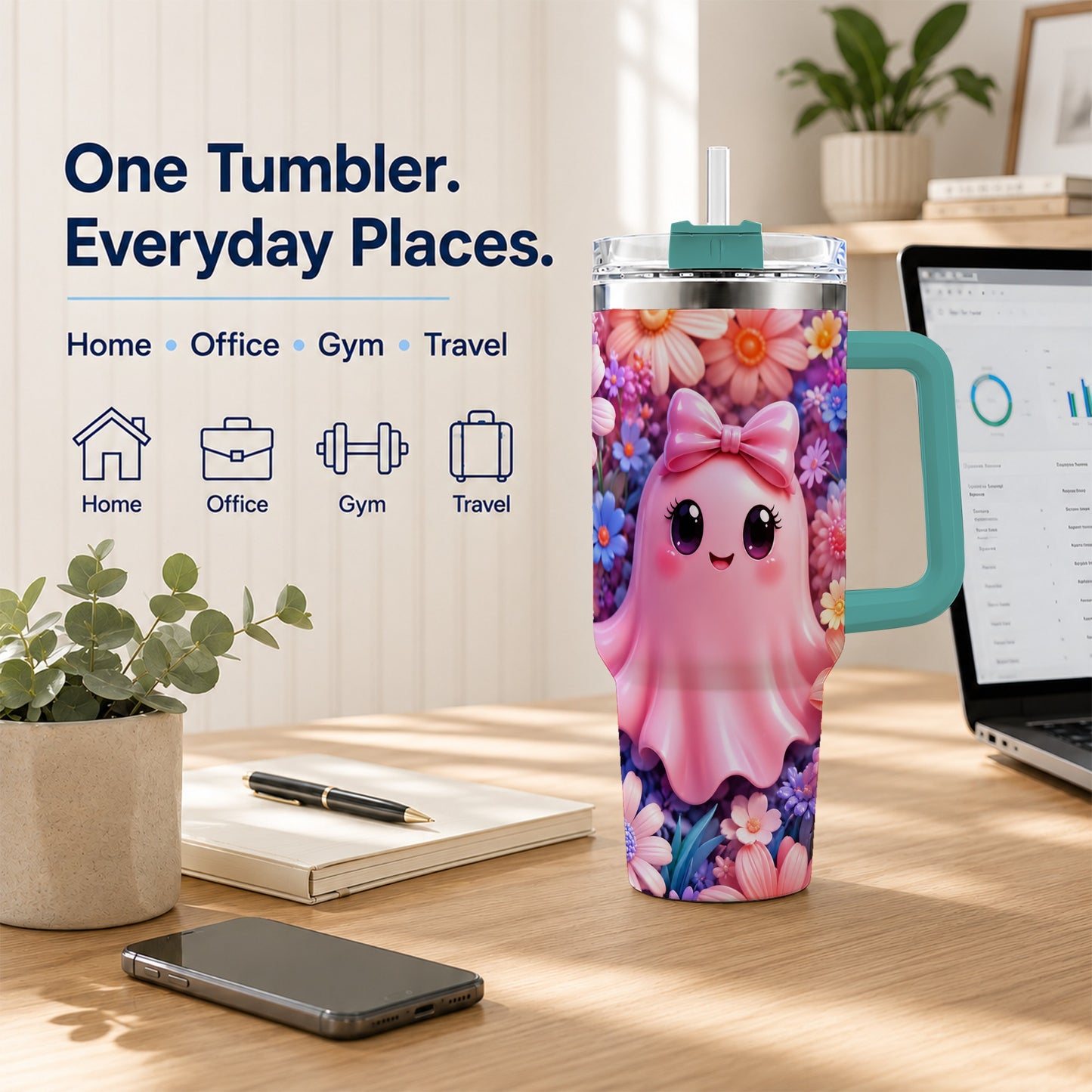 #pl[40oz|Green] Pink Ghost 40oz Tumbler, Daisy Bow Kawaii Stainless Steel Travel Cup