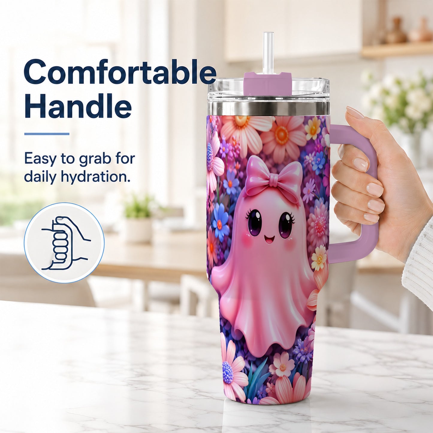 #pl[40oz|Pink] Pink Ghost 40oz Tumbler, Daisy Bow Kawaii Stainless Steel Travel Cup