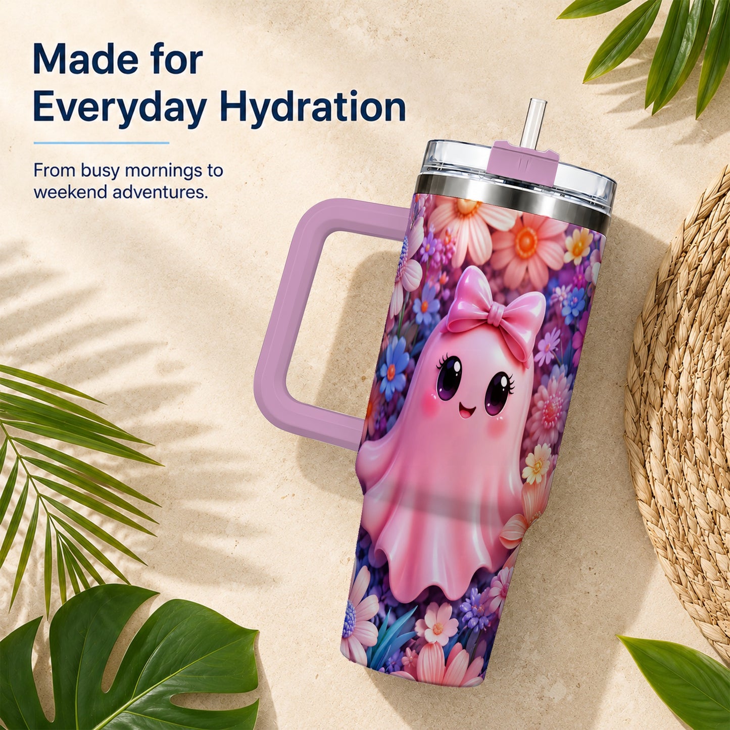 #pl[40oz|Pink] Pink Ghost 40oz Tumbler, Daisy Bow Kawaii Stainless Steel Travel Cup