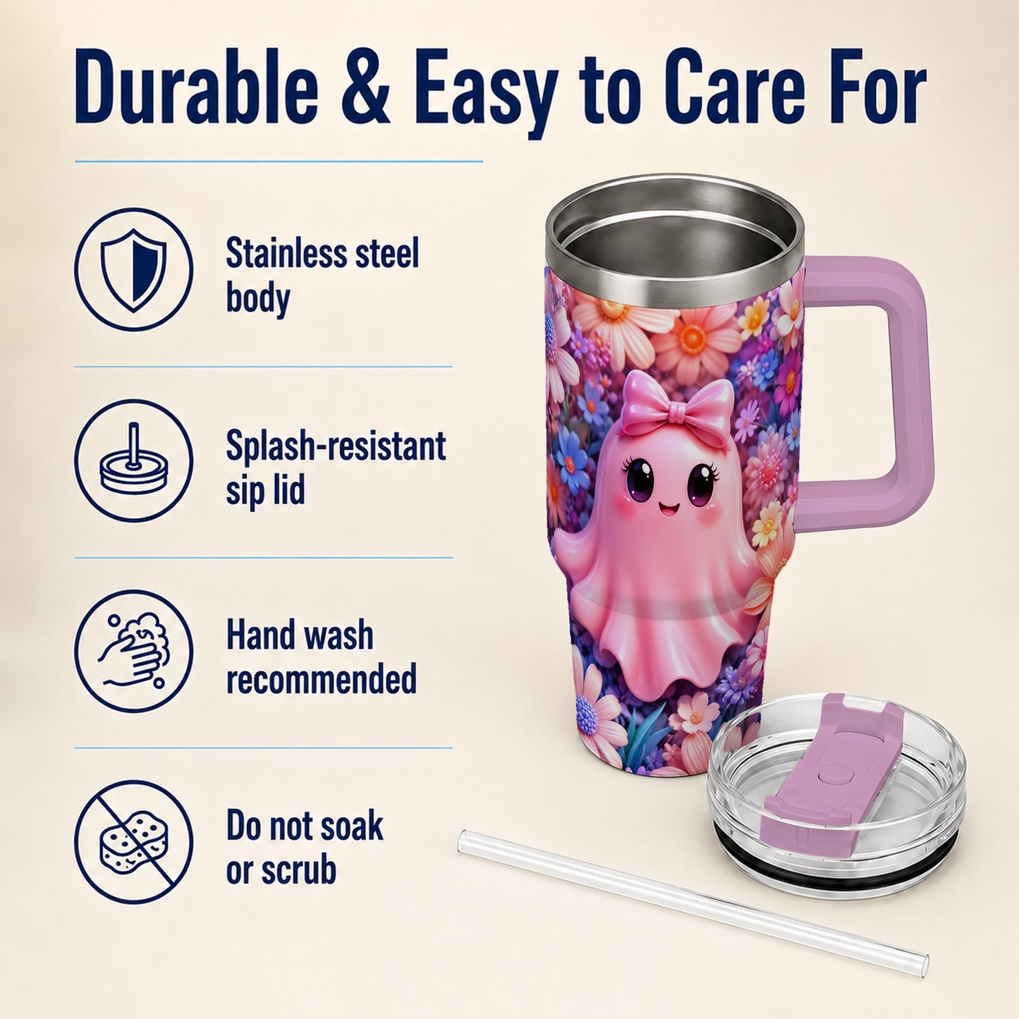 #pl[40oz|Pink] Pink Ghost 40oz Tumbler, Daisy Bow Kawaii Stainless Steel Travel Cup