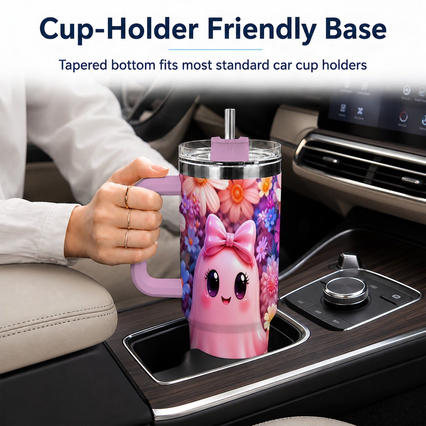 #pl[40oz|Pink] Pink Ghost 40oz Tumbler, Daisy Bow Kawaii Stainless Steel Travel Cup