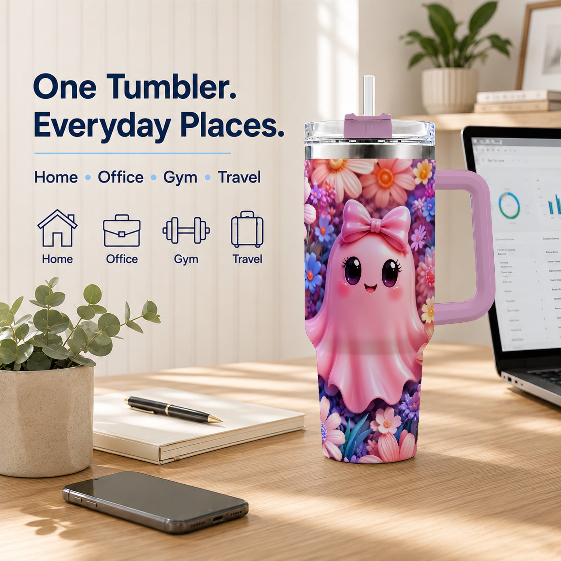 #pl[40oz|Pink] Pink Ghost 40oz Tumbler, Daisy Bow Kawaii Stainless Steel Travel Cup