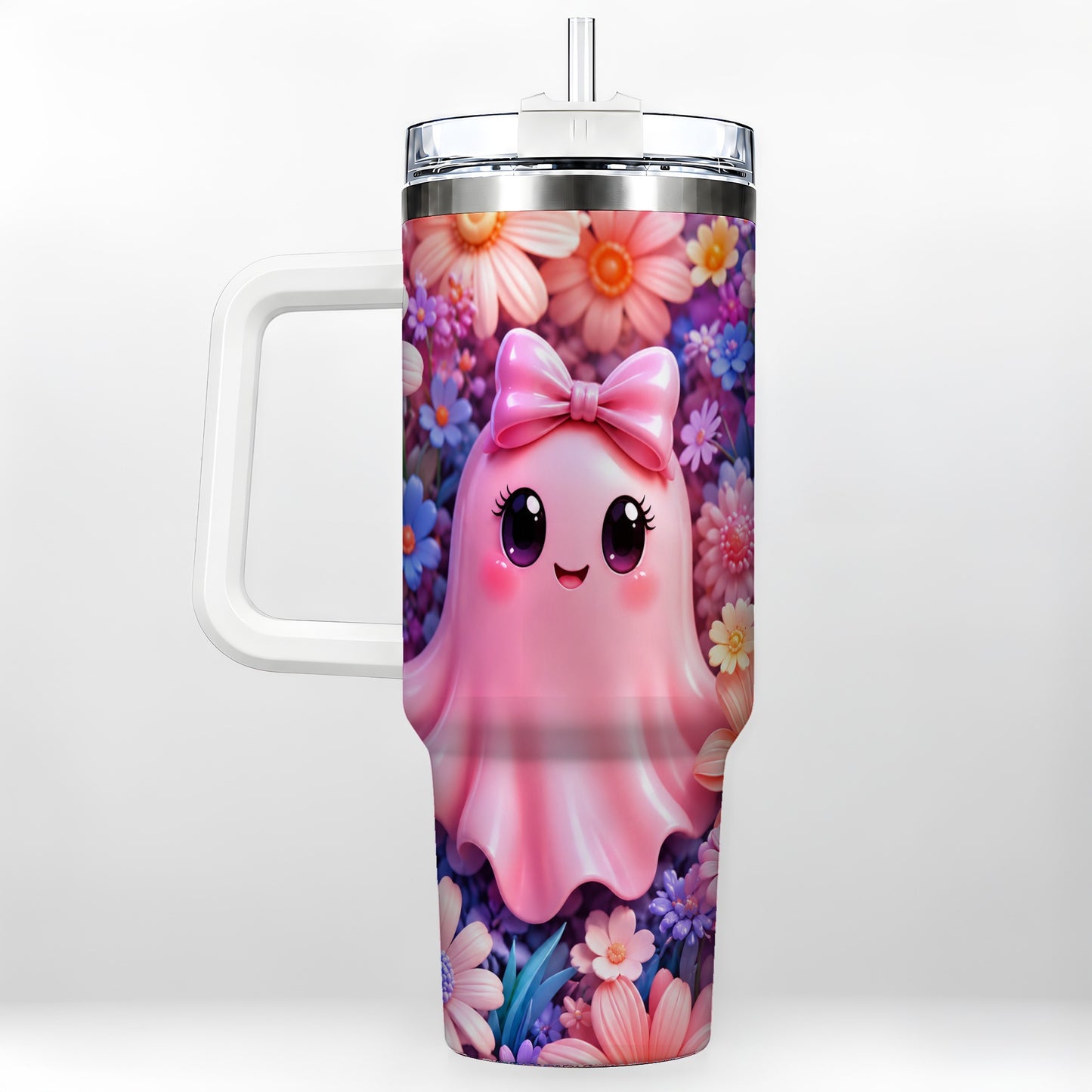 #pl[40oz|White] Pink Ghost 40oz Tumbler, Daisy Bow Kawaii Stainless Steel Travel Cup