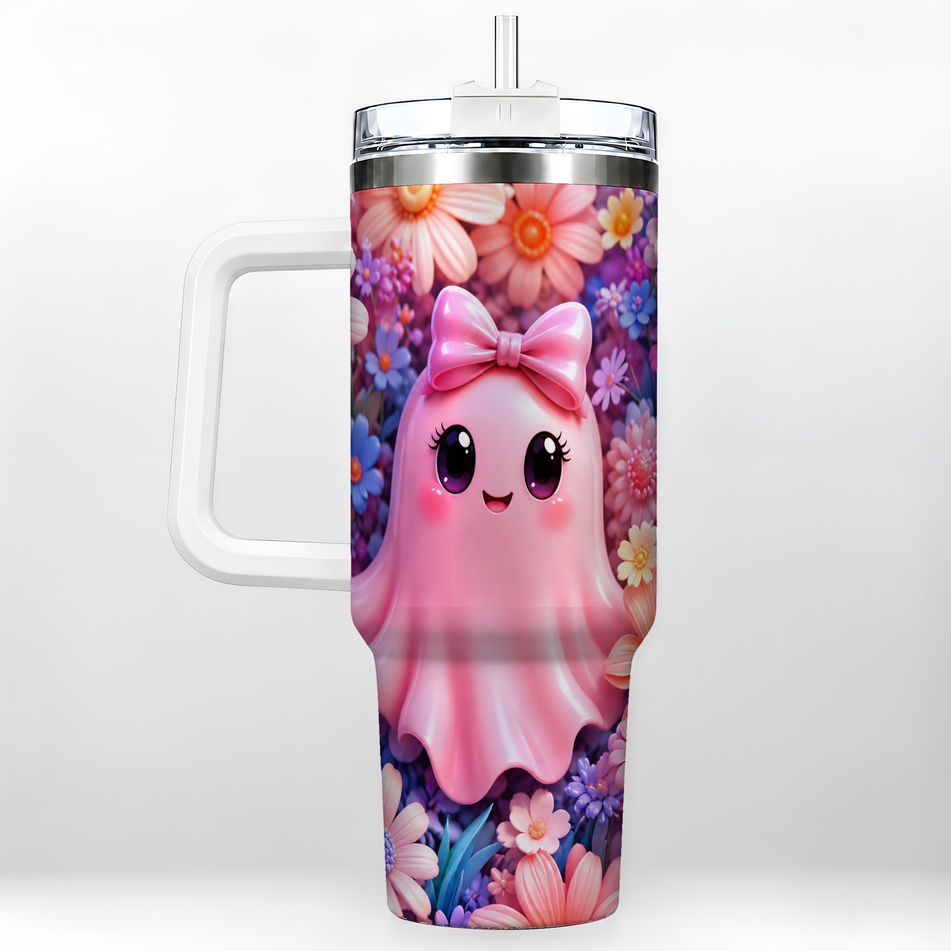 #pl[40oz|White] Pink Ghost 40oz Tumbler, Daisy Bow Kawaii Stainless Steel Travel Cup