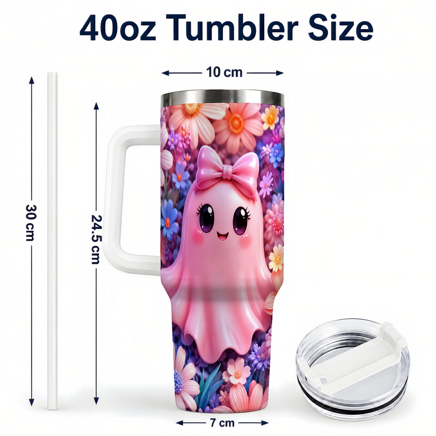 #pl[40oz|White] Pink Ghost 40oz Tumbler, Daisy Bow Kawaii Stainless Steel Travel Cup