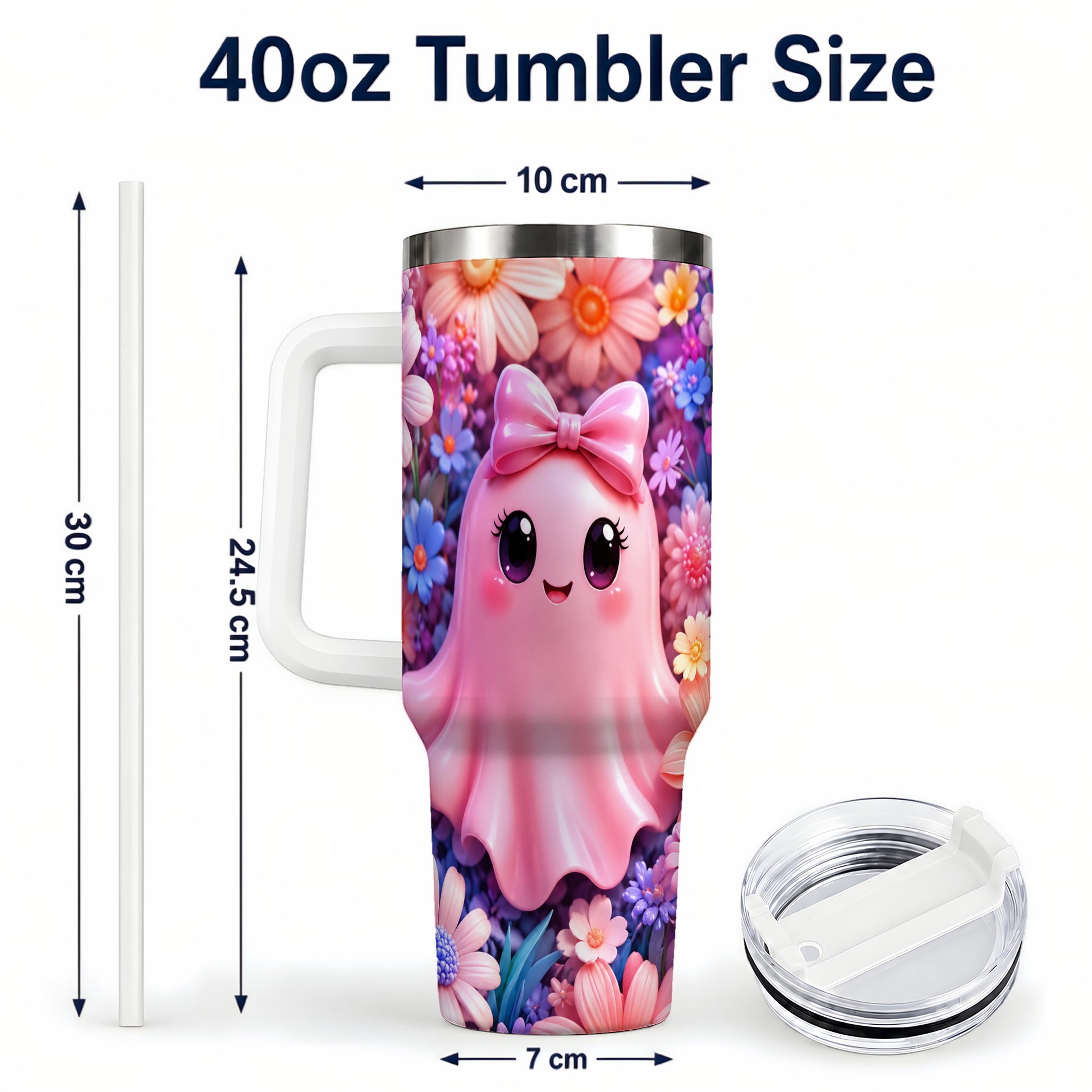 #pl[40oz|White] Pink Ghost 40oz Tumbler, Daisy Bow Kawaii Stainless Steel Travel Cup