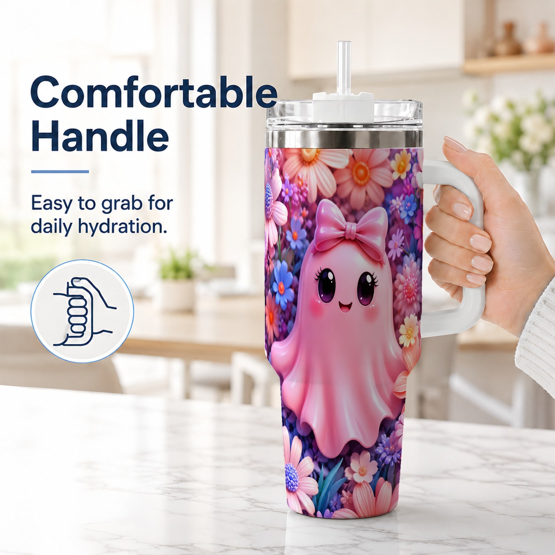 #pl[40oz|White] Pink Ghost 40oz Tumbler, Daisy Bow Kawaii Stainless Steel Travel Cup