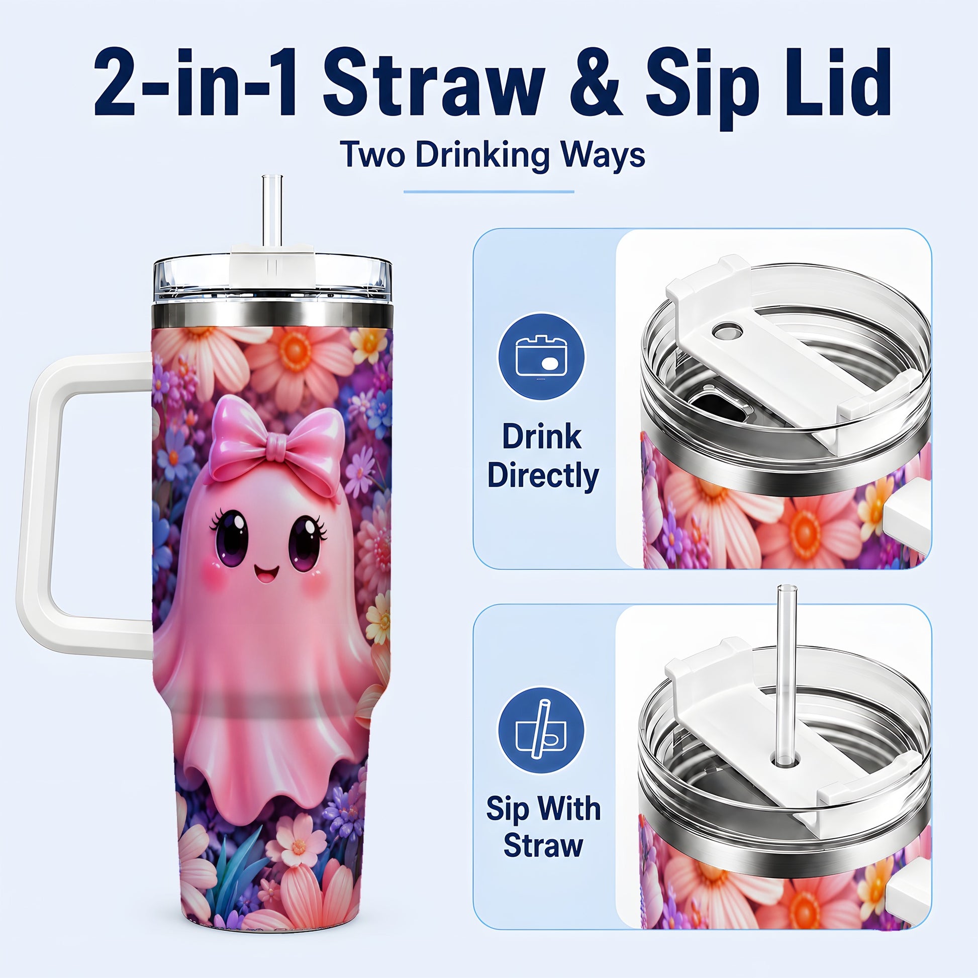 #pl[40oz|White] Pink Ghost 40oz Tumbler, Daisy Bow Kawaii Stainless Steel Travel Cup