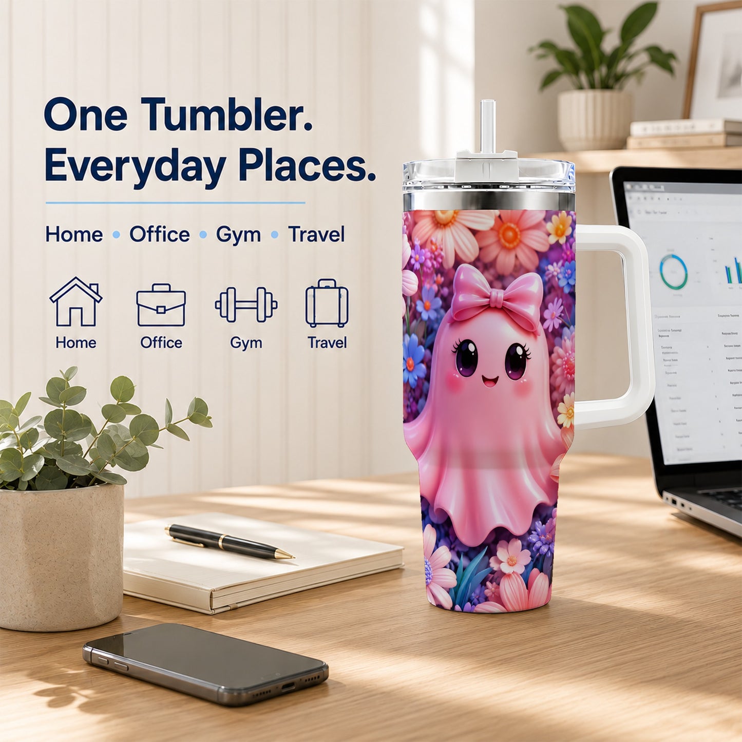 #pl[40oz|White] Pink Ghost 40oz Tumbler, Daisy Bow Kawaii Stainless Steel Travel Cup