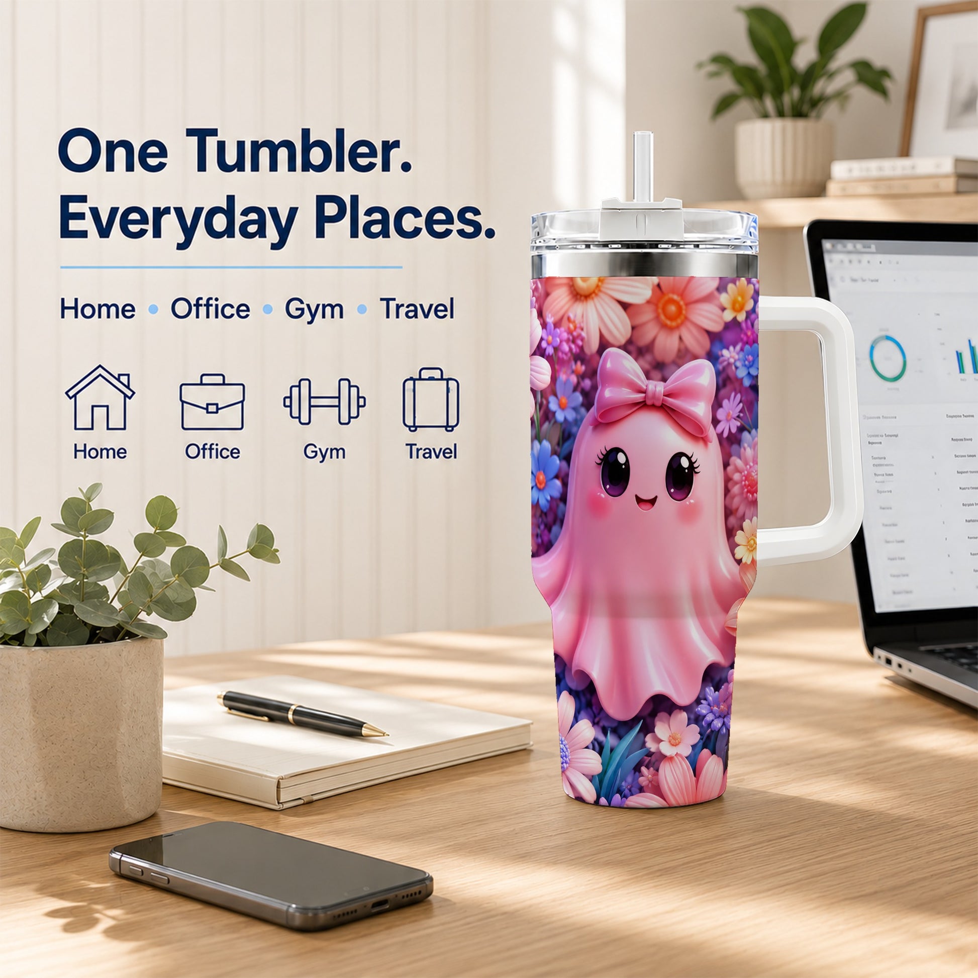 #pl[40oz|White] Pink Ghost 40oz Tumbler, Daisy Bow Kawaii Stainless Steel Travel Cup